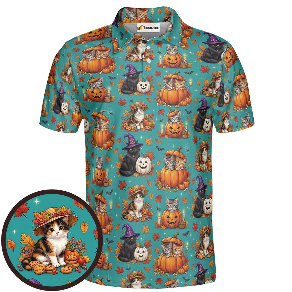 Festive Fall Pumpkin & Witch Cat Full Print Polo Shirt - Men - 1