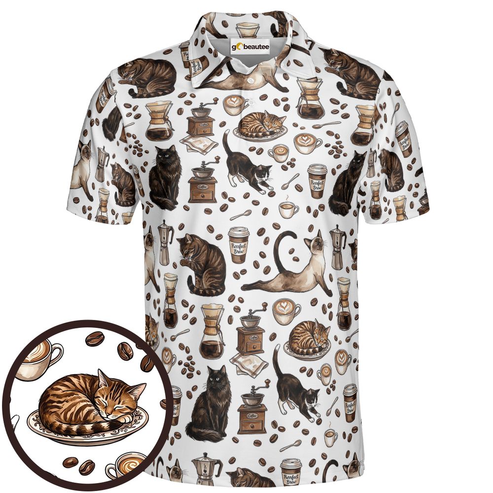Cat and Coffee Full Print Polo Shirt - Men - 1