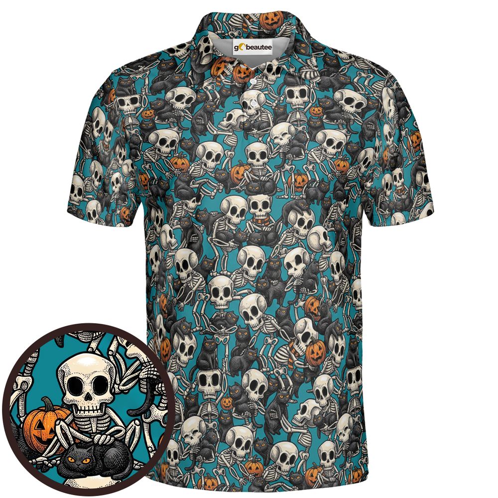Black Cat Skeleton Halloween Full Print Polo Shirt - Men - 1
