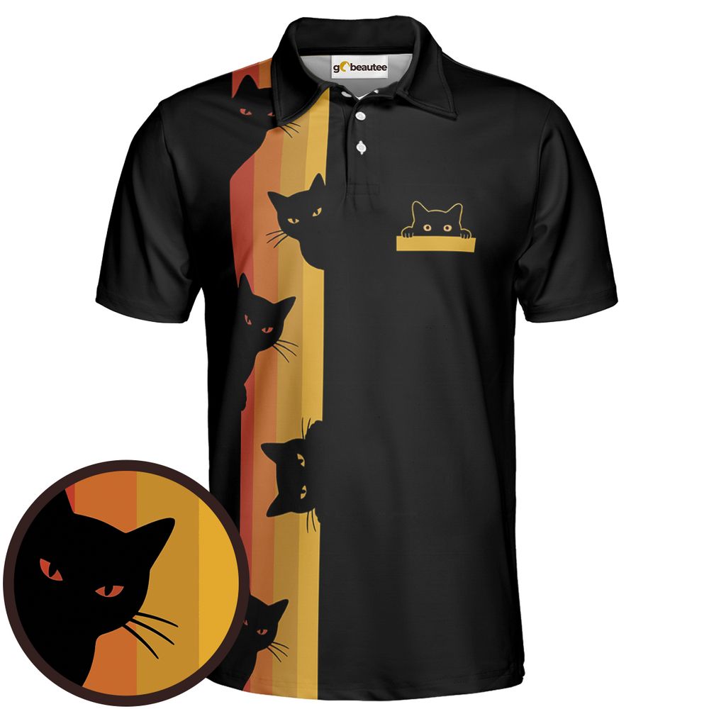 Retro Sunset Peeking Black Cat Full Print Polo Shirt - Men - 1