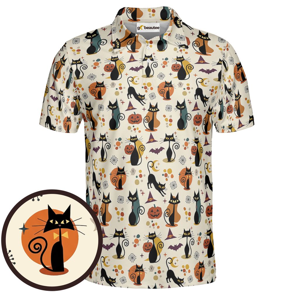 Mid Century Atomic Black Cats Full Print Polo Shirt - Men - 1