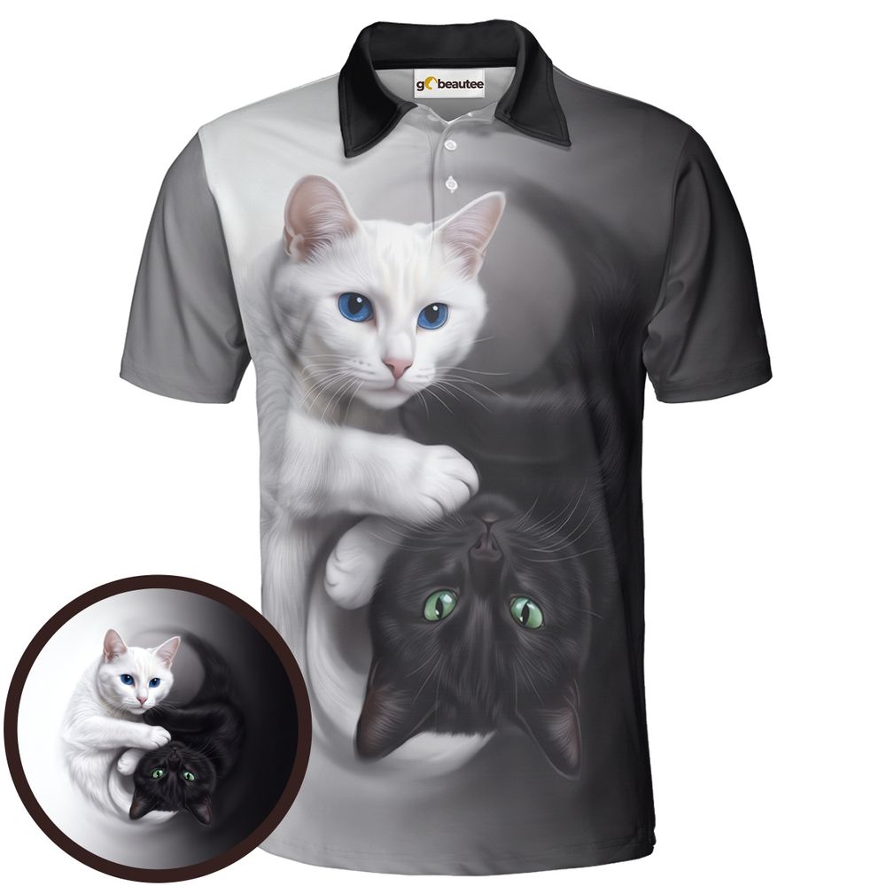 Yin Yang Black Cat and White Cat Full Print Polo Shirt - Men - 1
