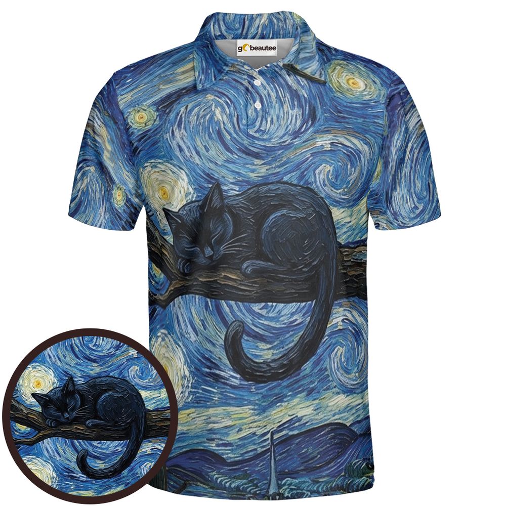 Starry Night and Black Cat Full Print Polo Shirt - Men - 1