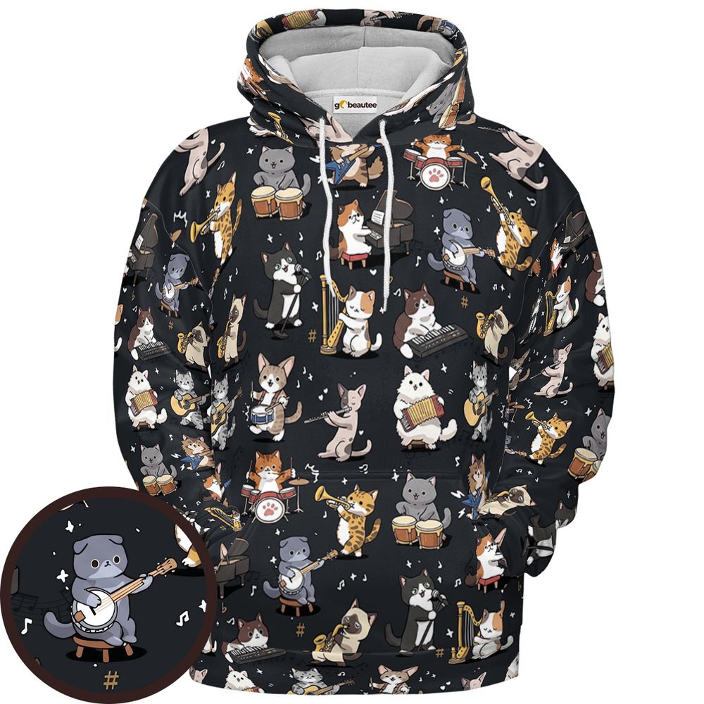 Cat Band Musical Instruments Full Print Hoodie - Pullover Hoodie - 1