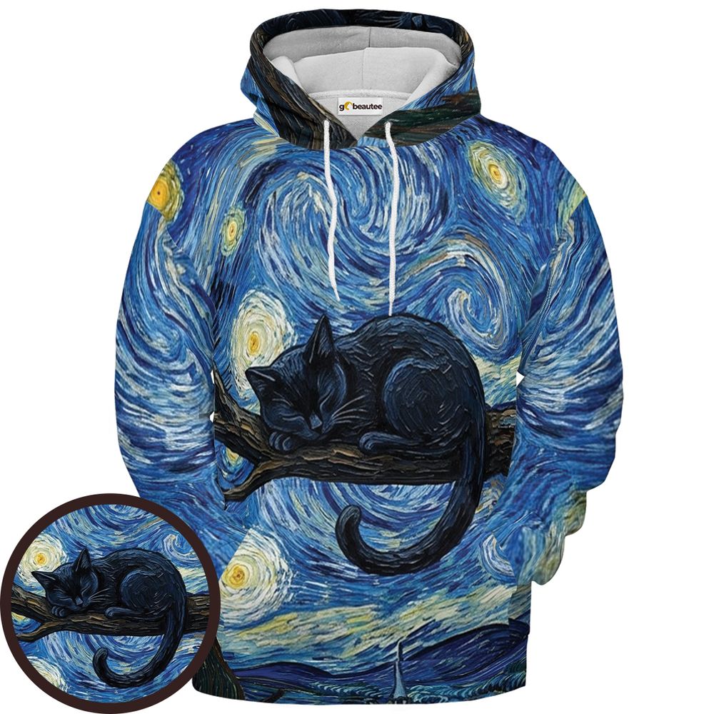 Starry Night and Black Cat Full Print Hoodie - Pullover Hoodie - 1