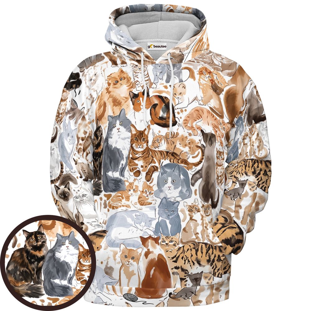 Watercolor cat Full Print Hoodie - Pullover Hoodie - 1
