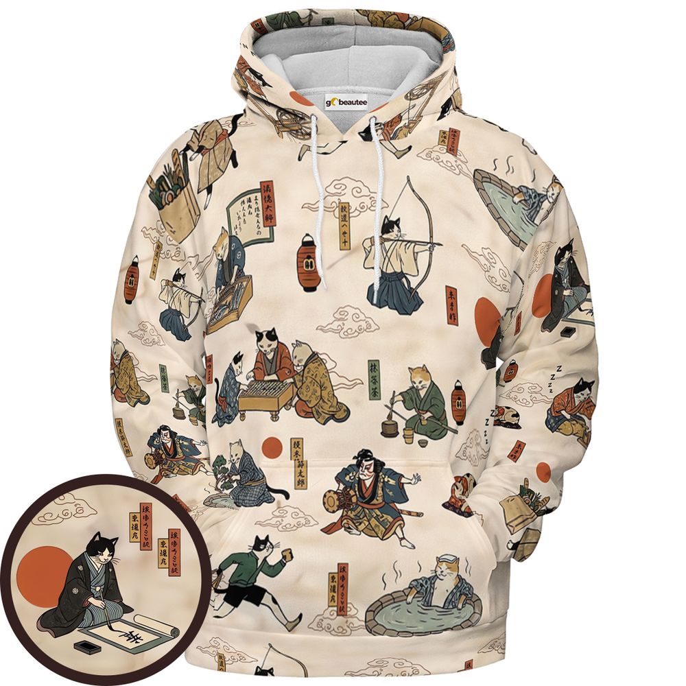 Ukiyo-e cat Full Print Hoodie - Pullover Hoodie - 1