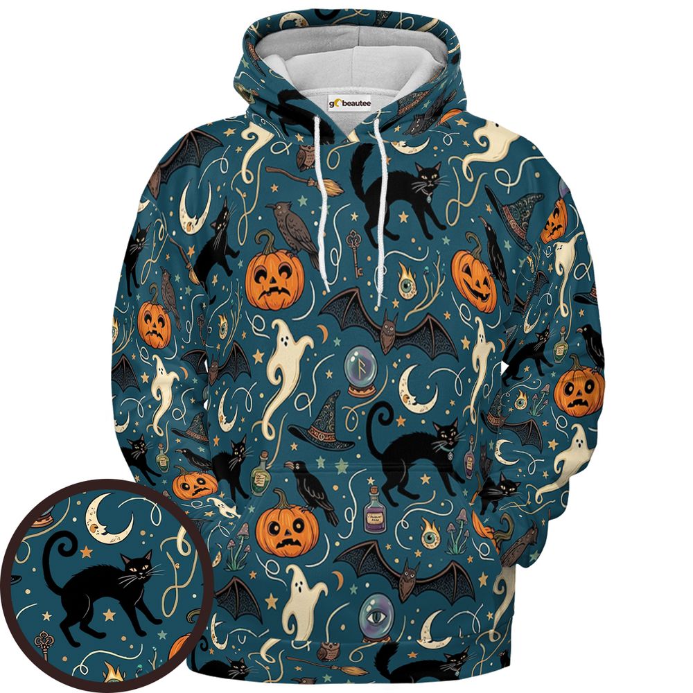 Magical Black Cat & Spooky Night Halloween Full Print Hoodie - Pullover Hoodie - 1