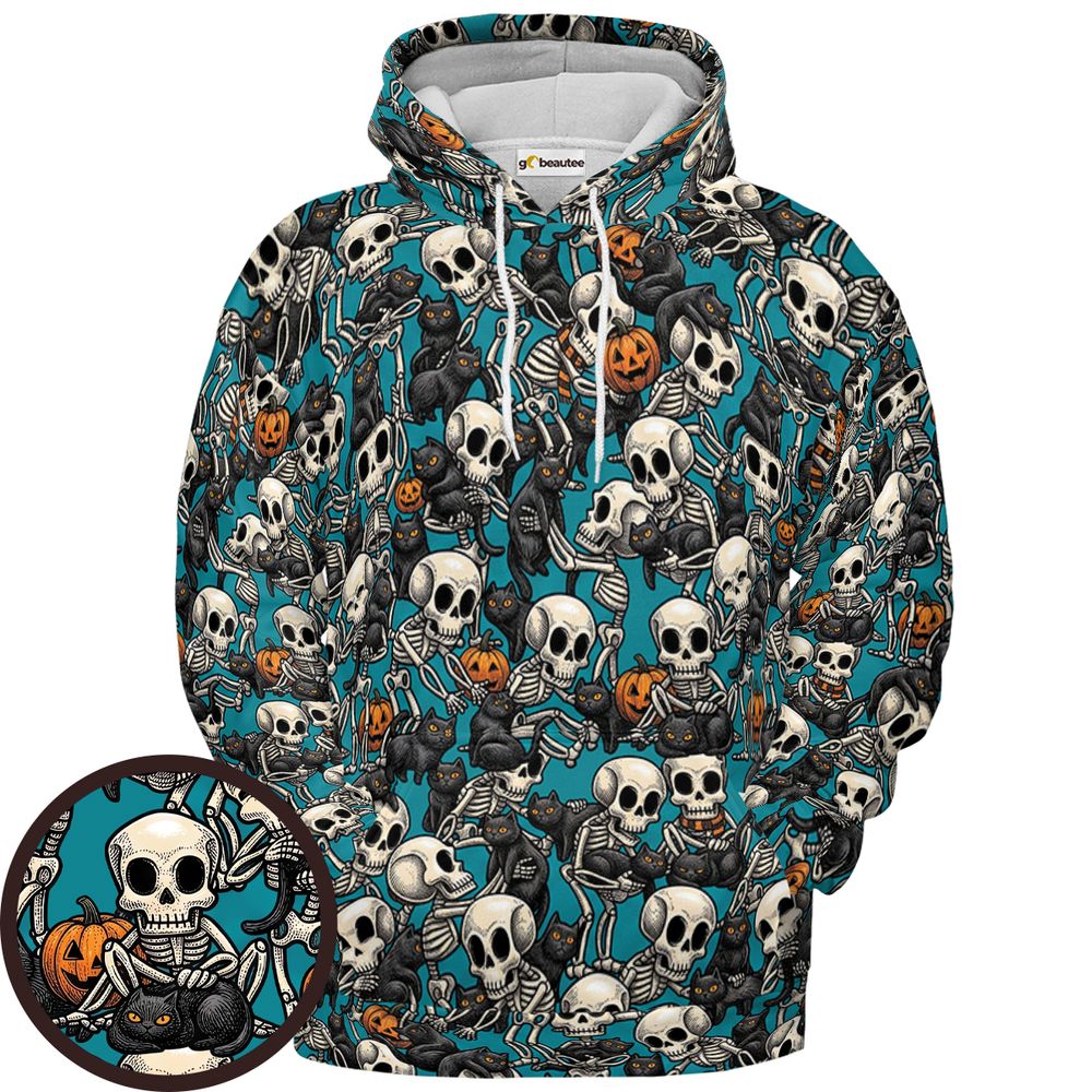 Black Cat Skeleton Halloween Full Print Hoodie - Pullover Hoodie - 1