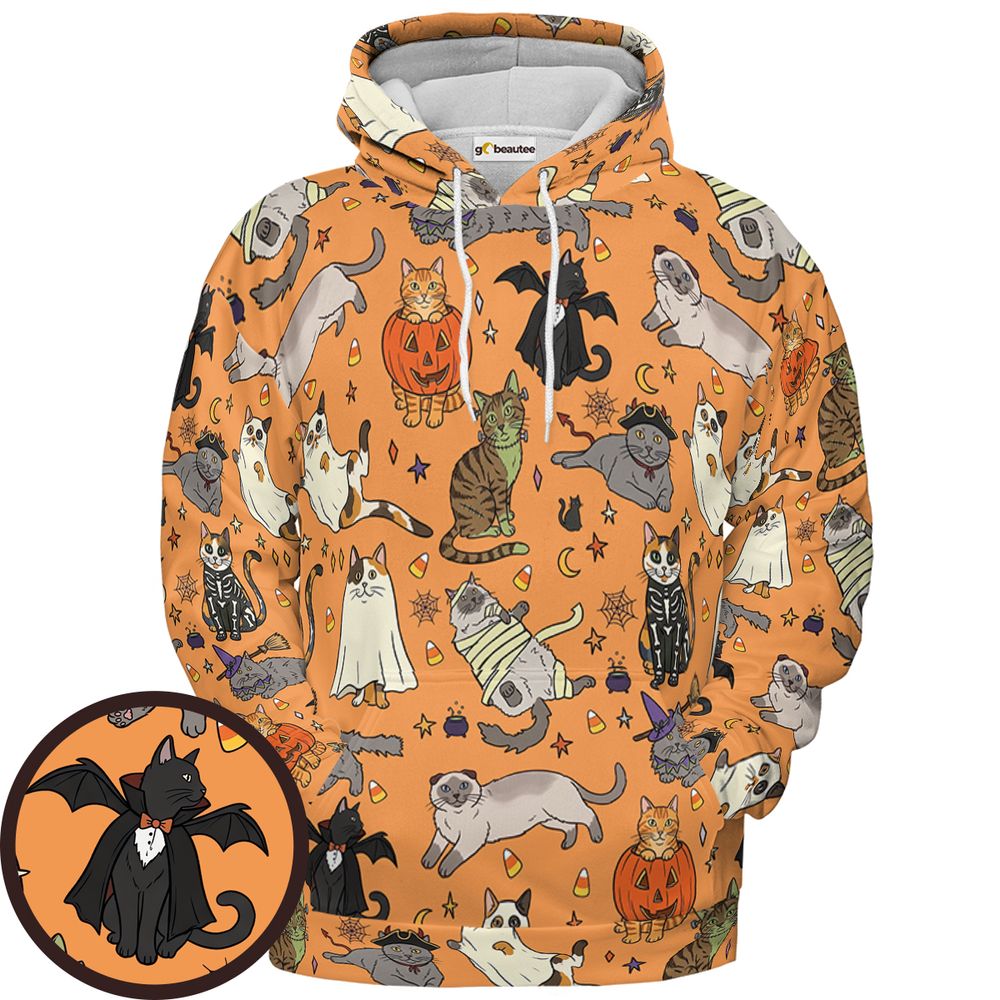 Spooky Orange Halloween Costume Cats Pattern Full Print Hoodie - Pullover Hoodie - 1