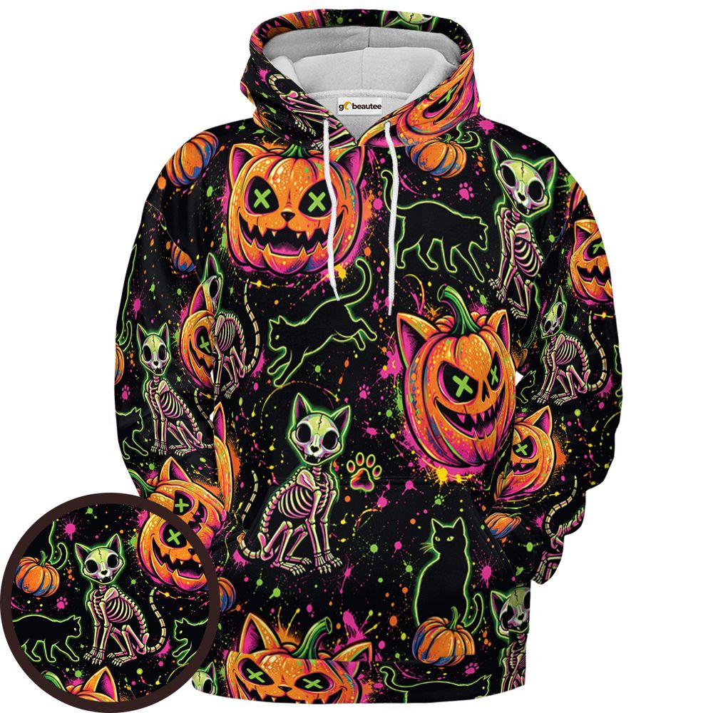 Neon Skeleton Cats & Pumpkins - Pullover Hoodie - 1