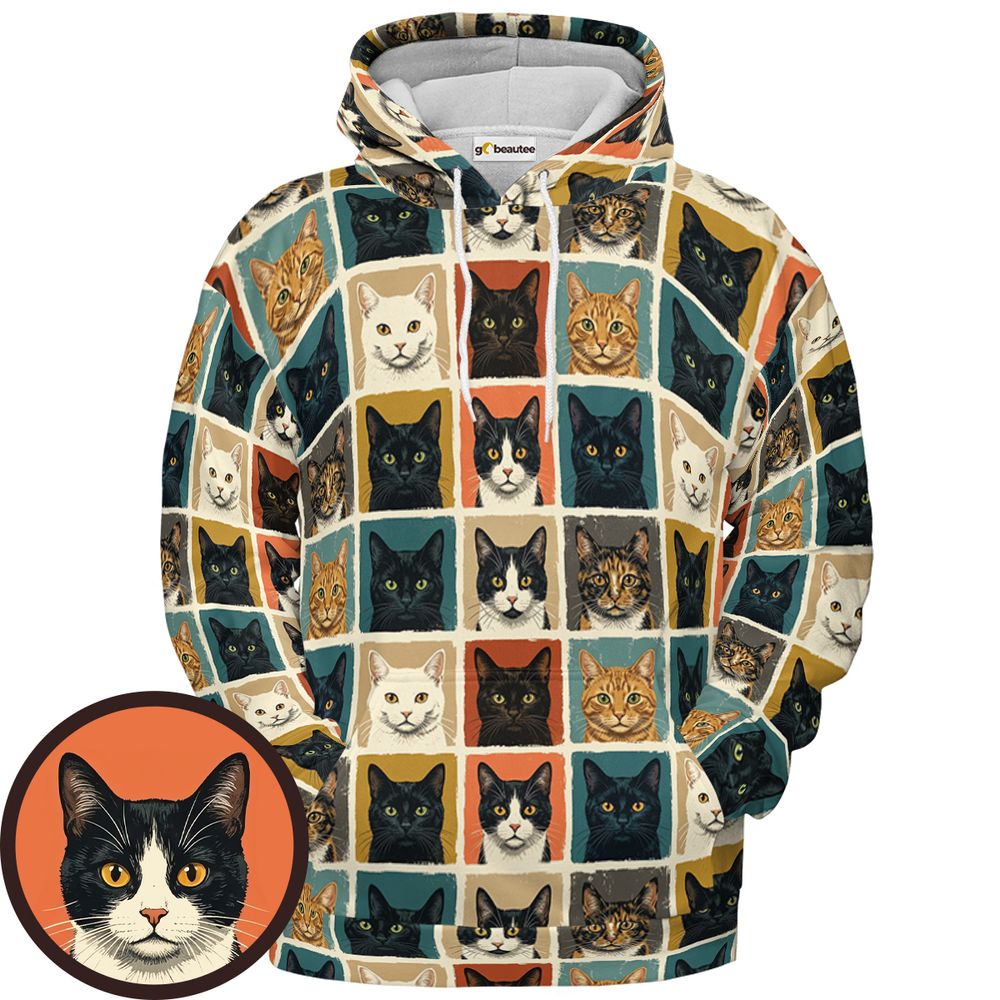 Retro Pop Art Cat Portrait Grid Full Print Hoodie - Pullover Hoodie - 1