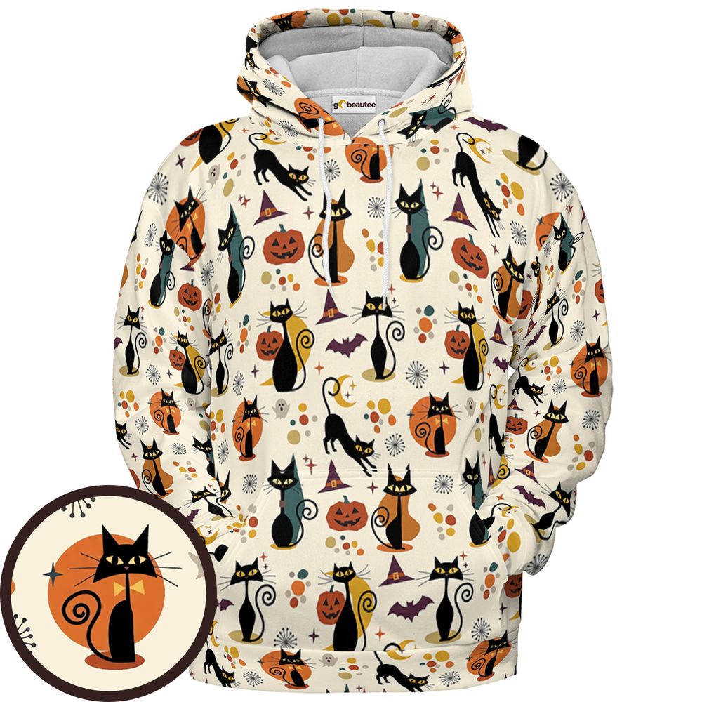 Mid Century Atomic Black Cats Full Print Hoodie - Pullover Hoodie - 1