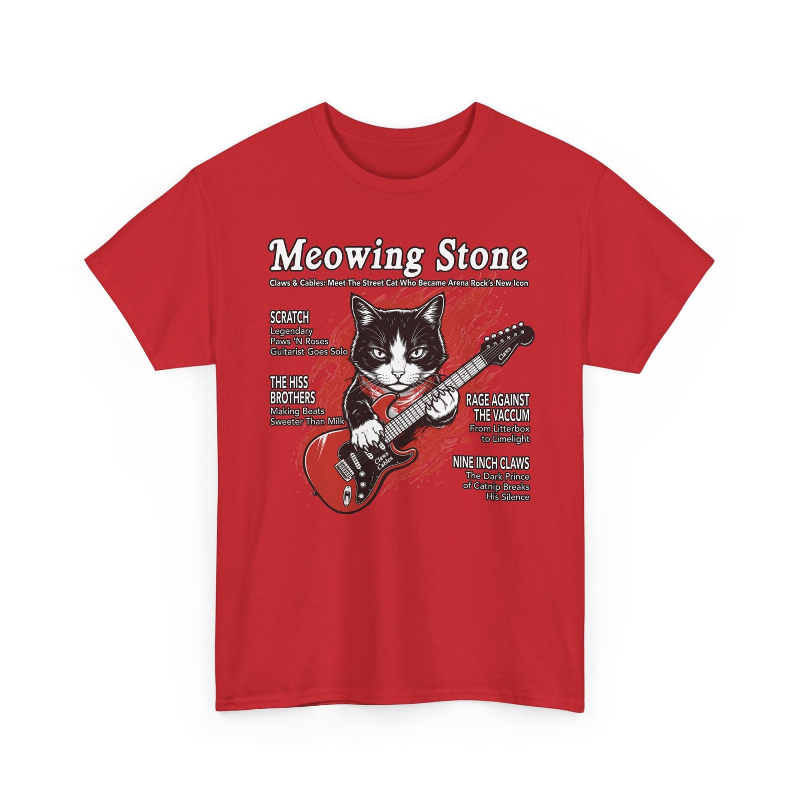 Meowing Stone Guitar Cat T-Shirt — Rock Band Cat Graphic Tee
