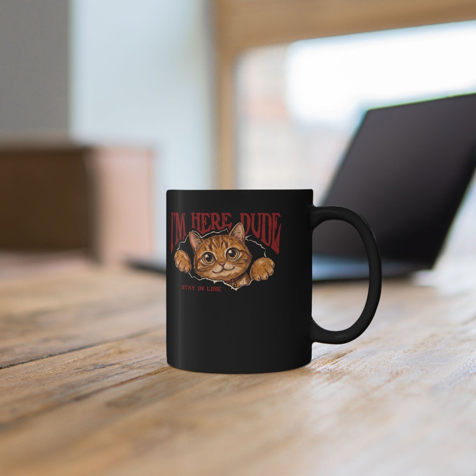 I'm Here Dude Cat Black Mug — Funny Orange Tabby Ripped Graphic Mug