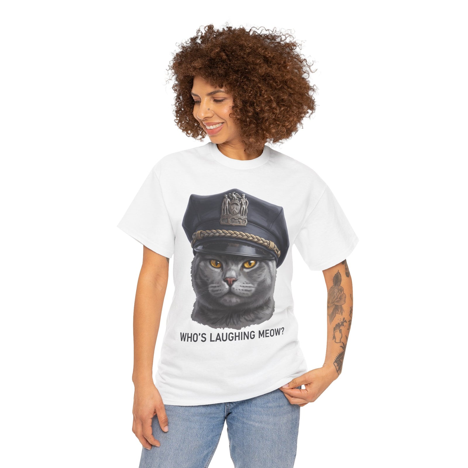 Who's Laughing Meow T-Shirt — Funny Police Cat Graphic Tee