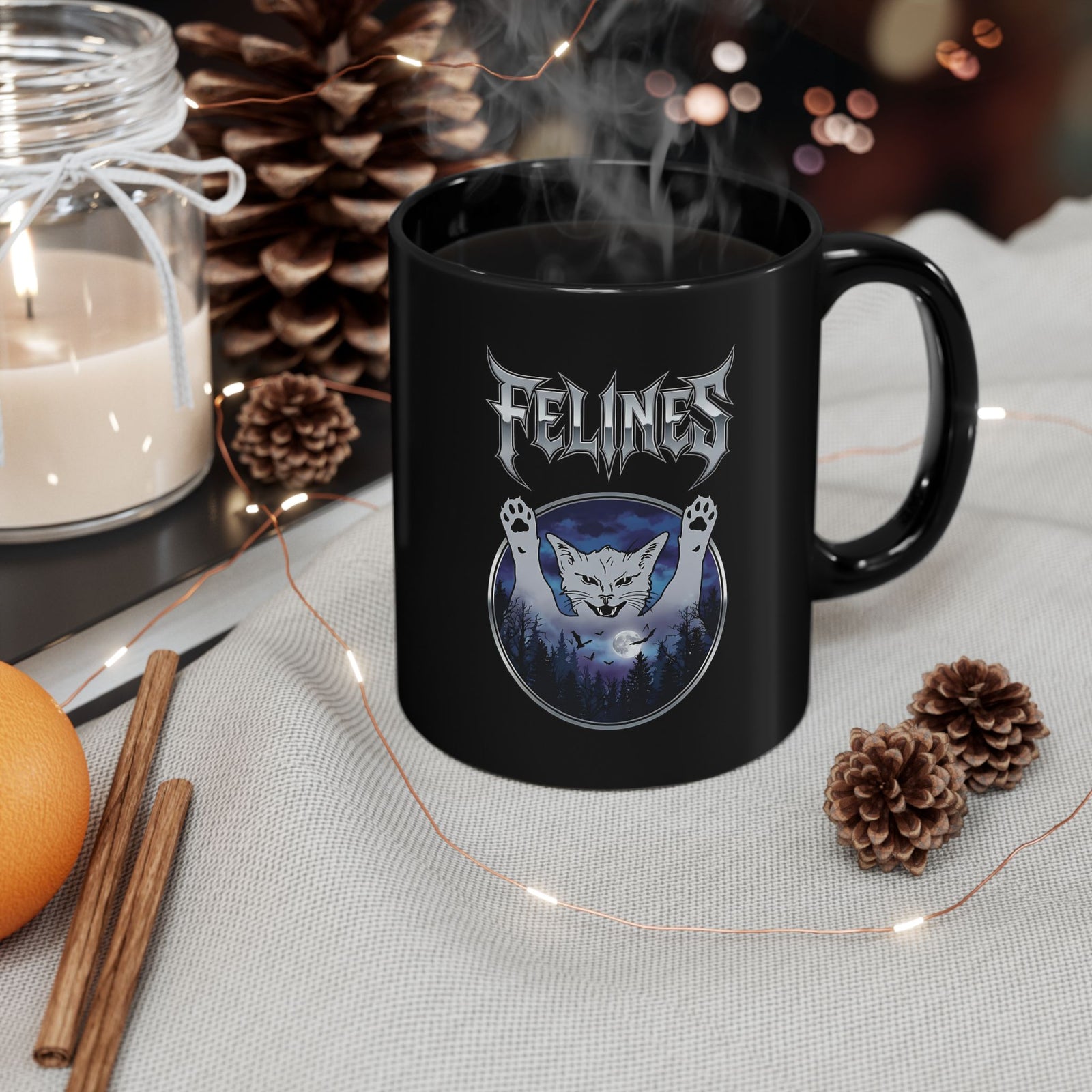 Felines Ghost Black Mug — Spooky Cat Graphic Mug