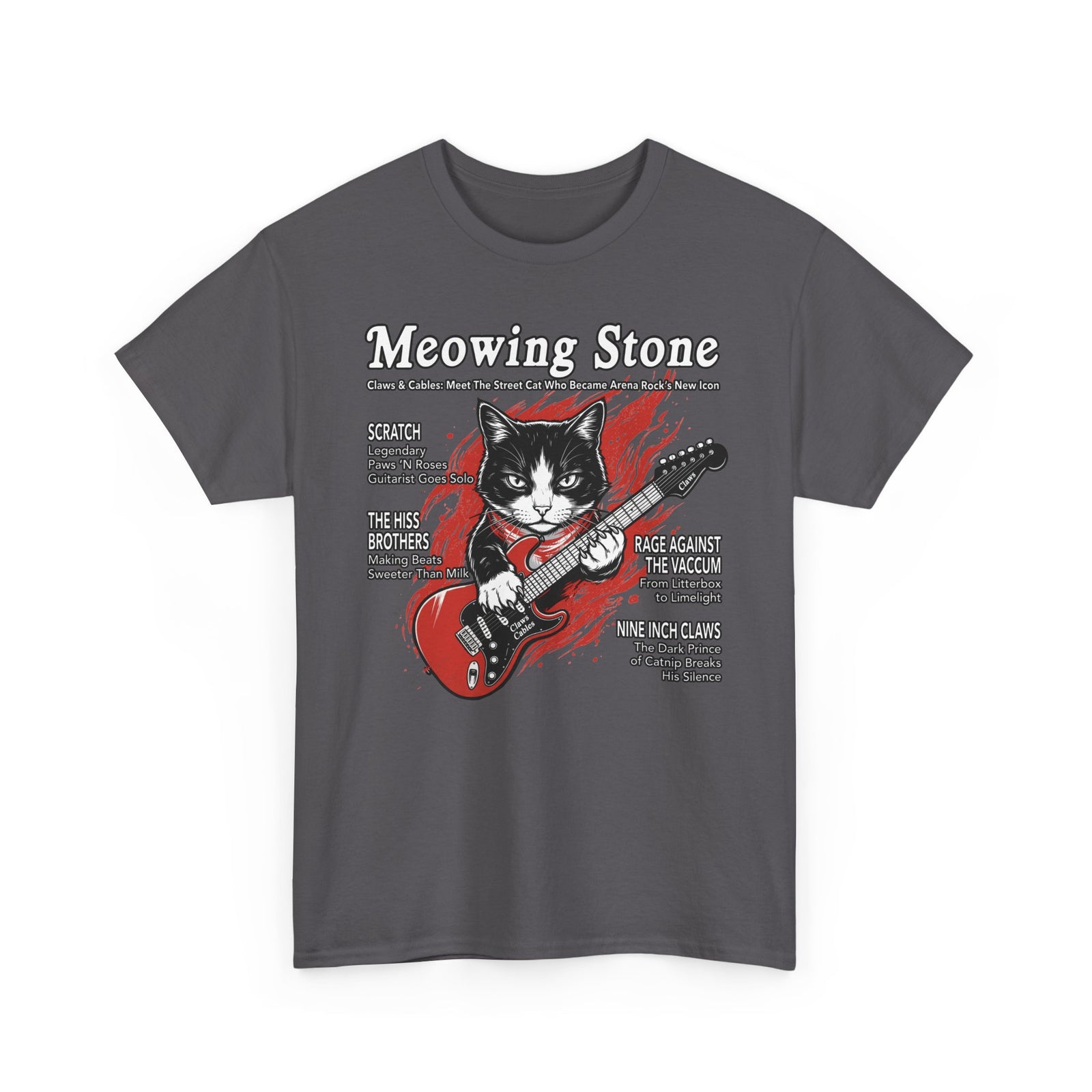Meowing Stone Guitar Cat T-Shirt — Rock Band Cat Graphic Tee