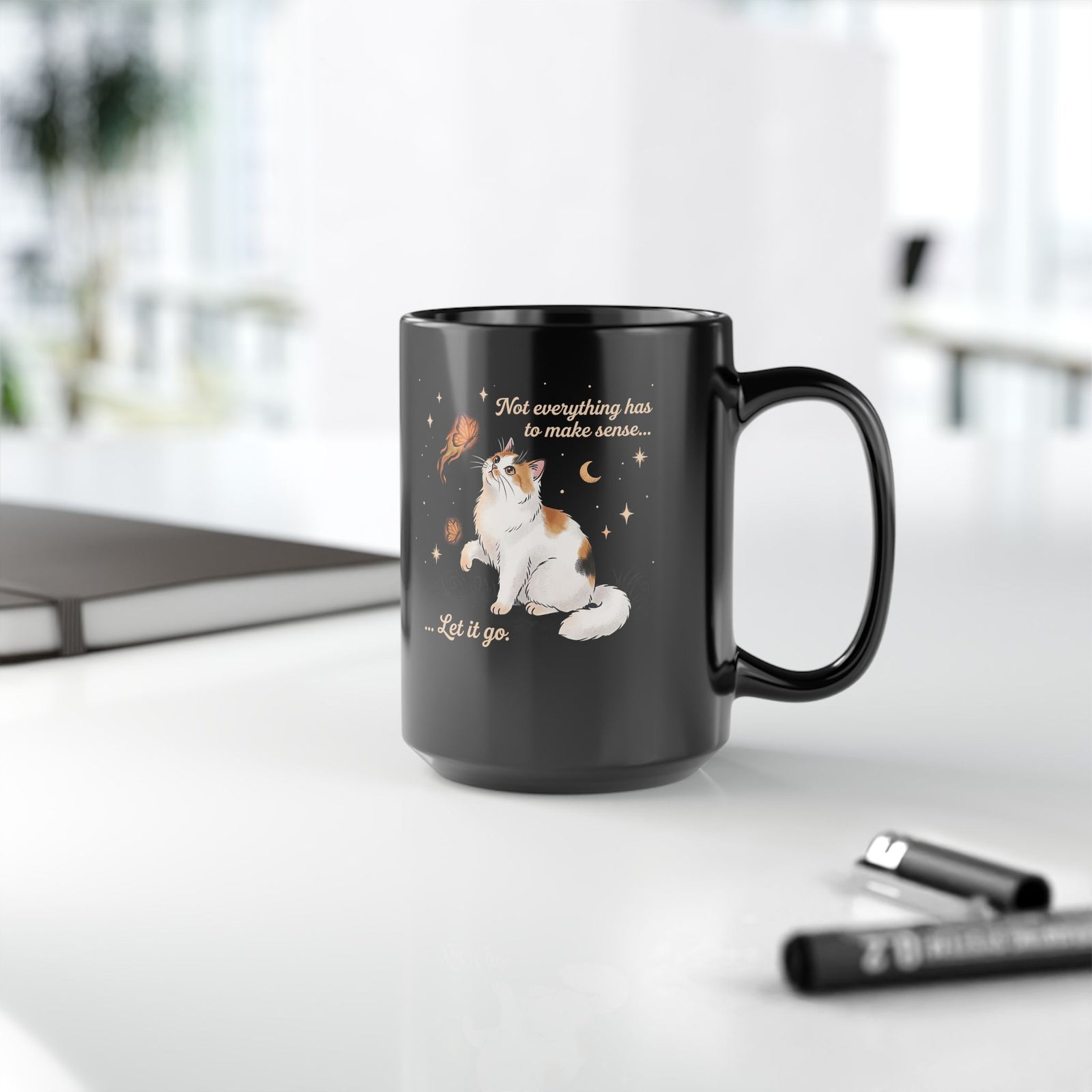 Vintage Whimsical Cat Black Mug — Spiritual Quote Graphic Mug