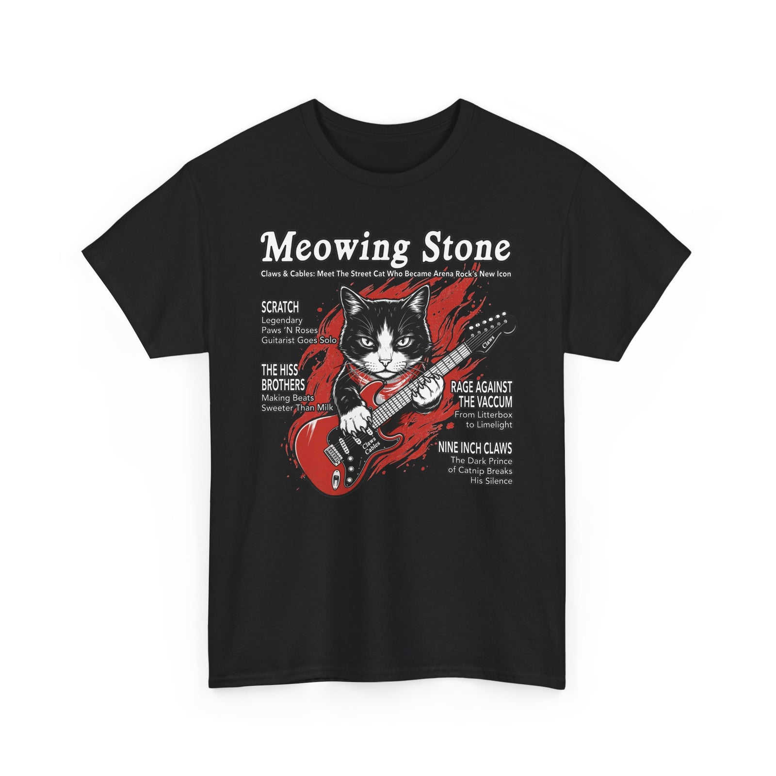 Meowing Stone Guitar Cat T-Shirt — Rock Band Cat Graphic Tee