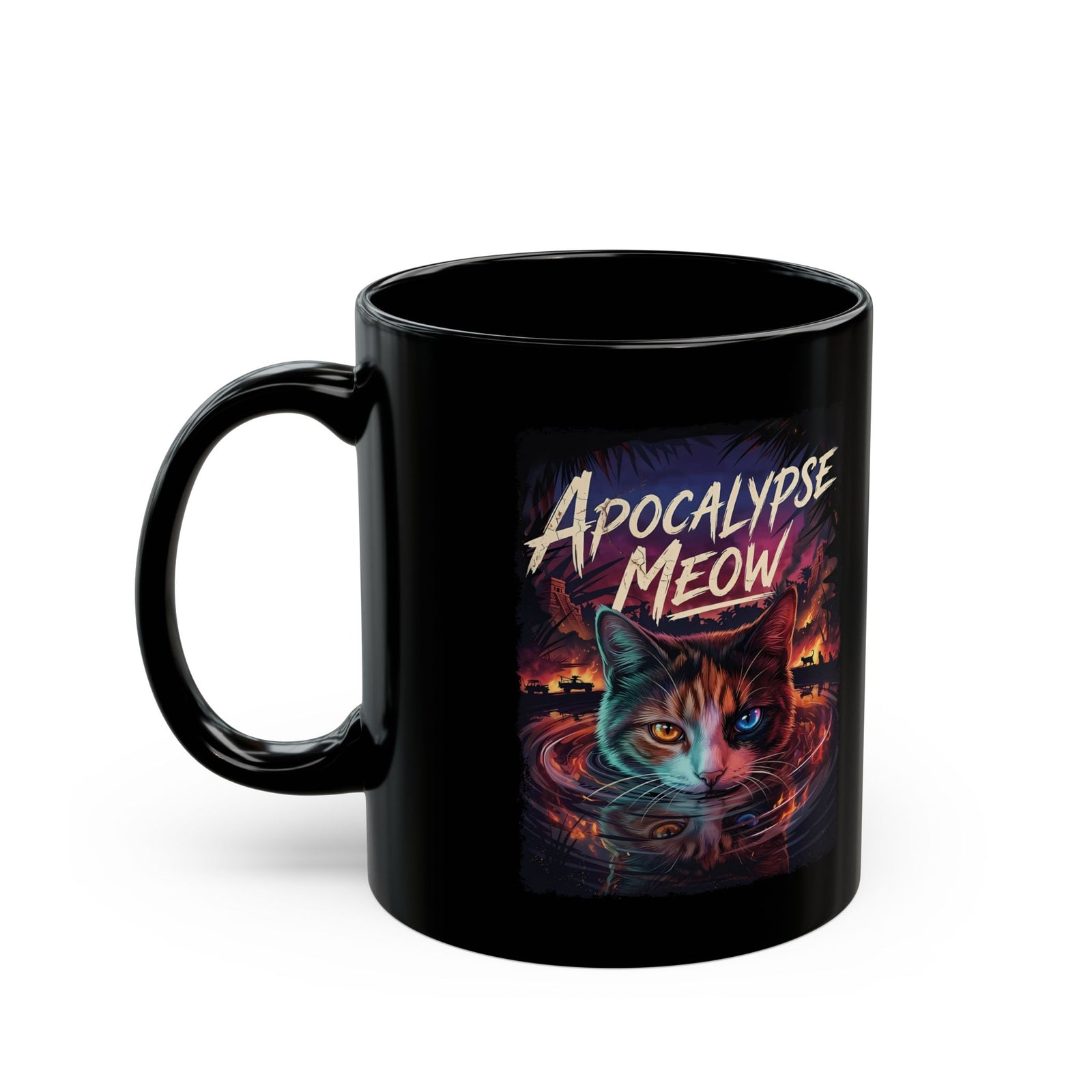 Apocalypse Meow Black Mug — Cute Post-Apocalyptic Cat Graphic Mug