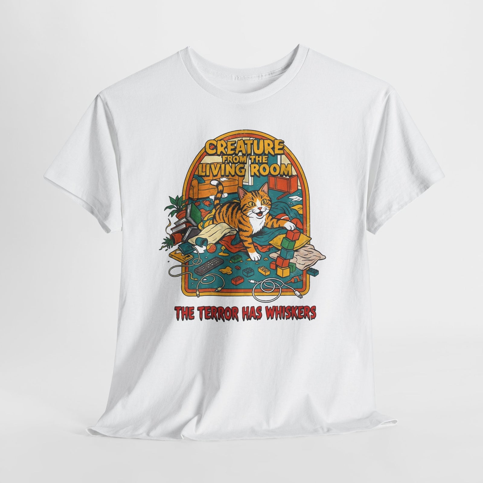 Cozy Living Room Cat Tee — Retro Sunlit Illustration Graphic Shirt