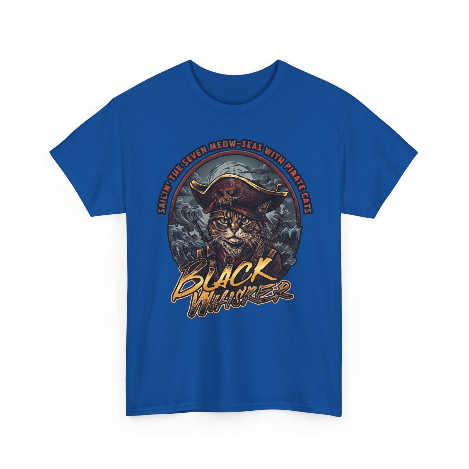 Black Whisker Pirate Cat T-Shirt — Funny Nautical Seven Meow-Seas Tee