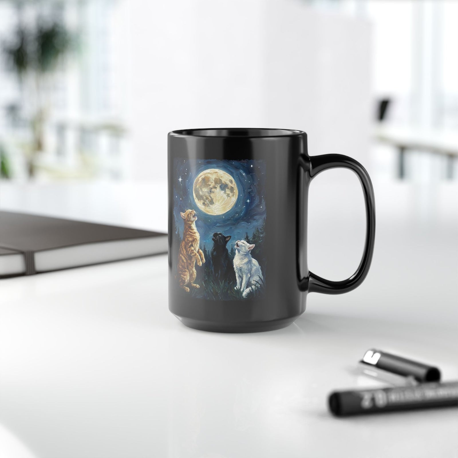 Cats Howling at the Moon Black Mug