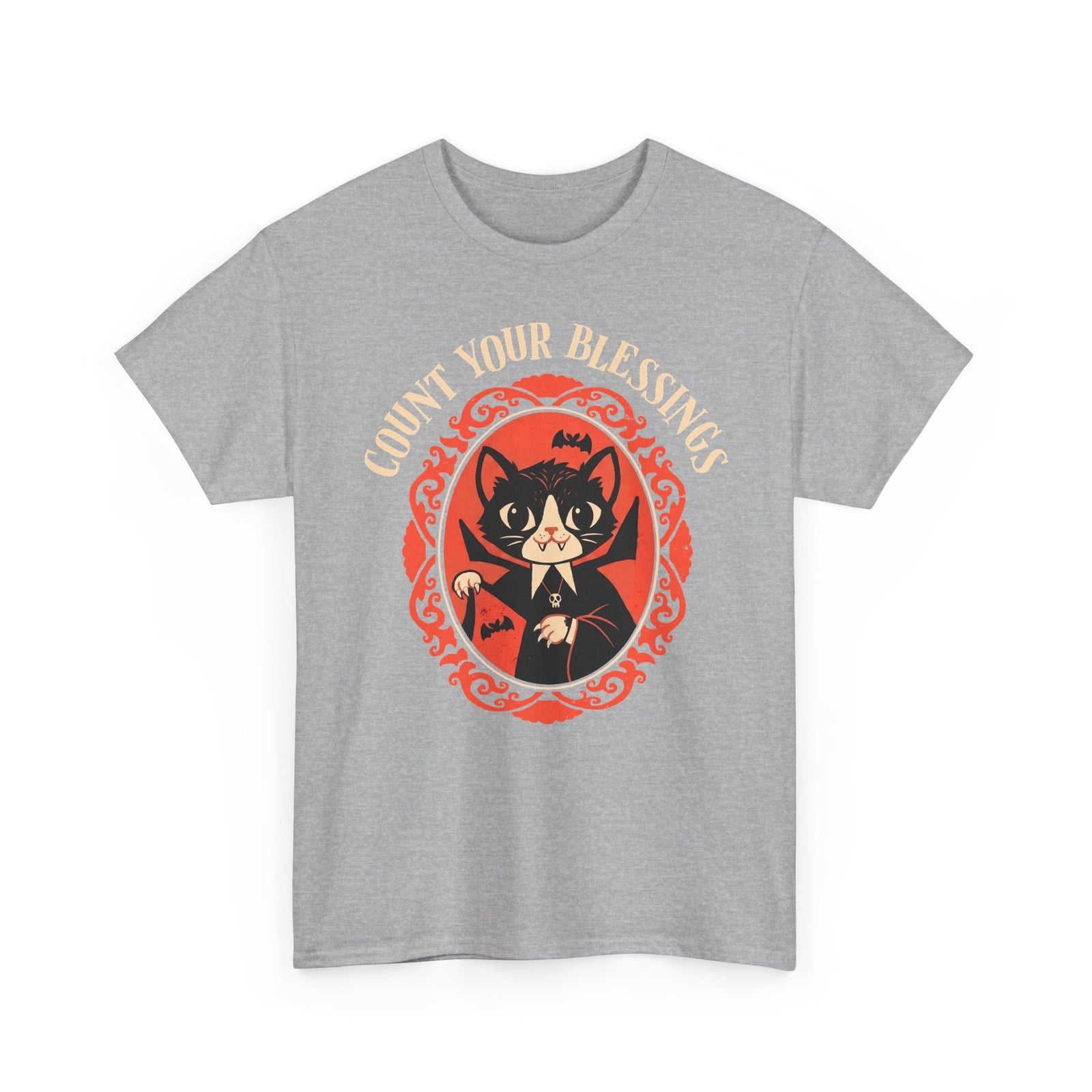 Count Your Blessings Vampire Cat — Funny Dracula Halloween Graphic Art