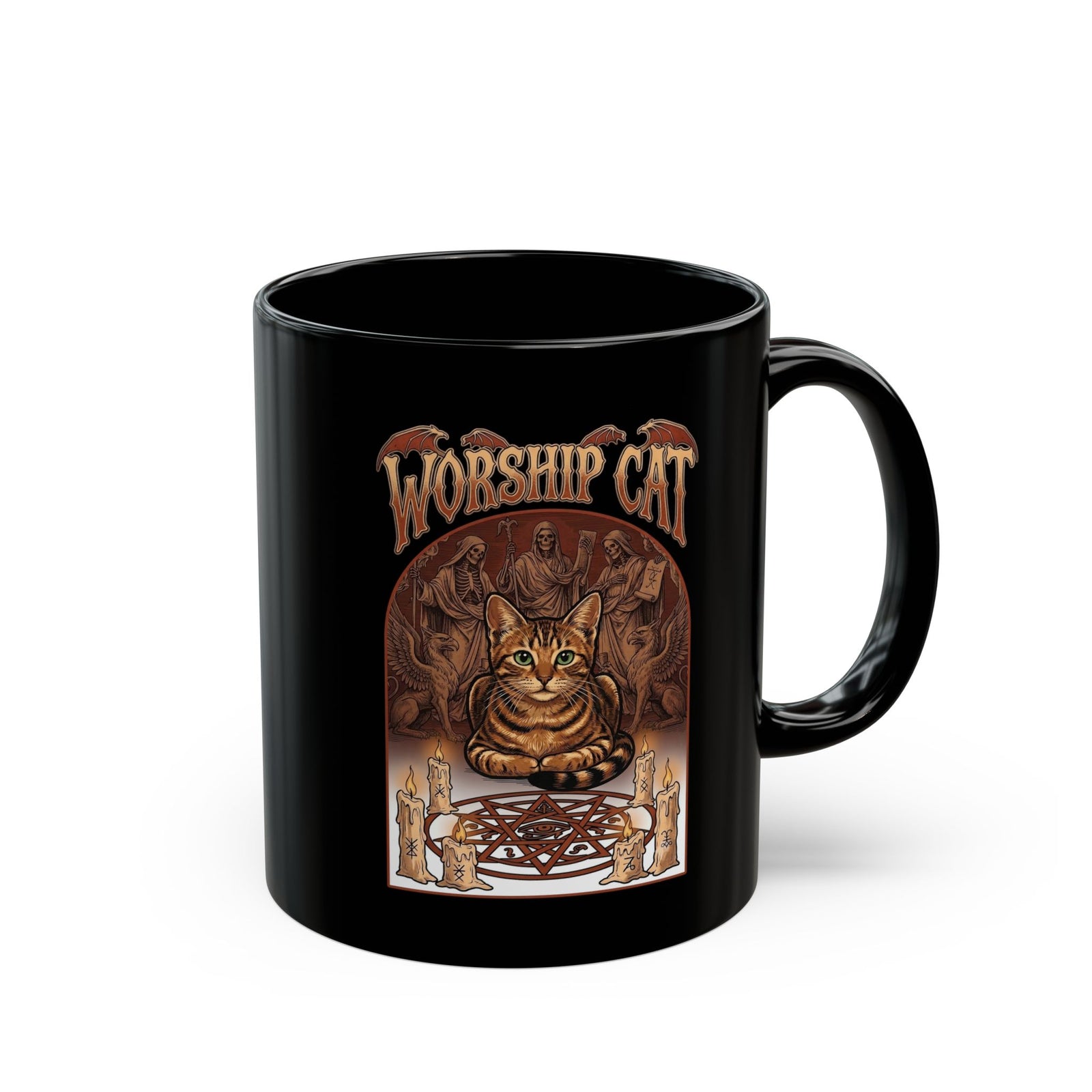 Worship Cat Black Mug — Cute Cat Faith Graphic Mug