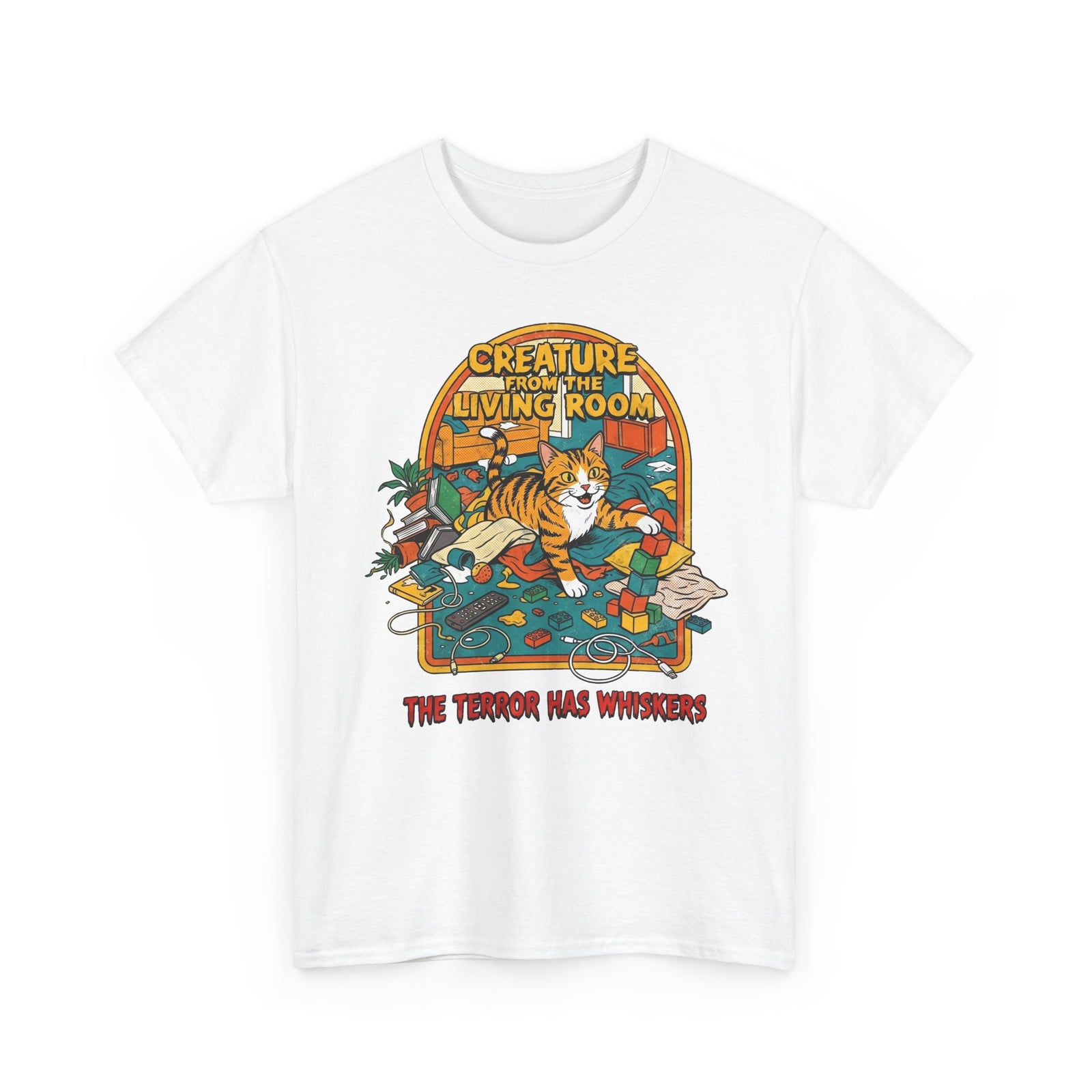 Cozy Living Room Cat Tee — Retro Sunlit Illustration Graphic Shirt