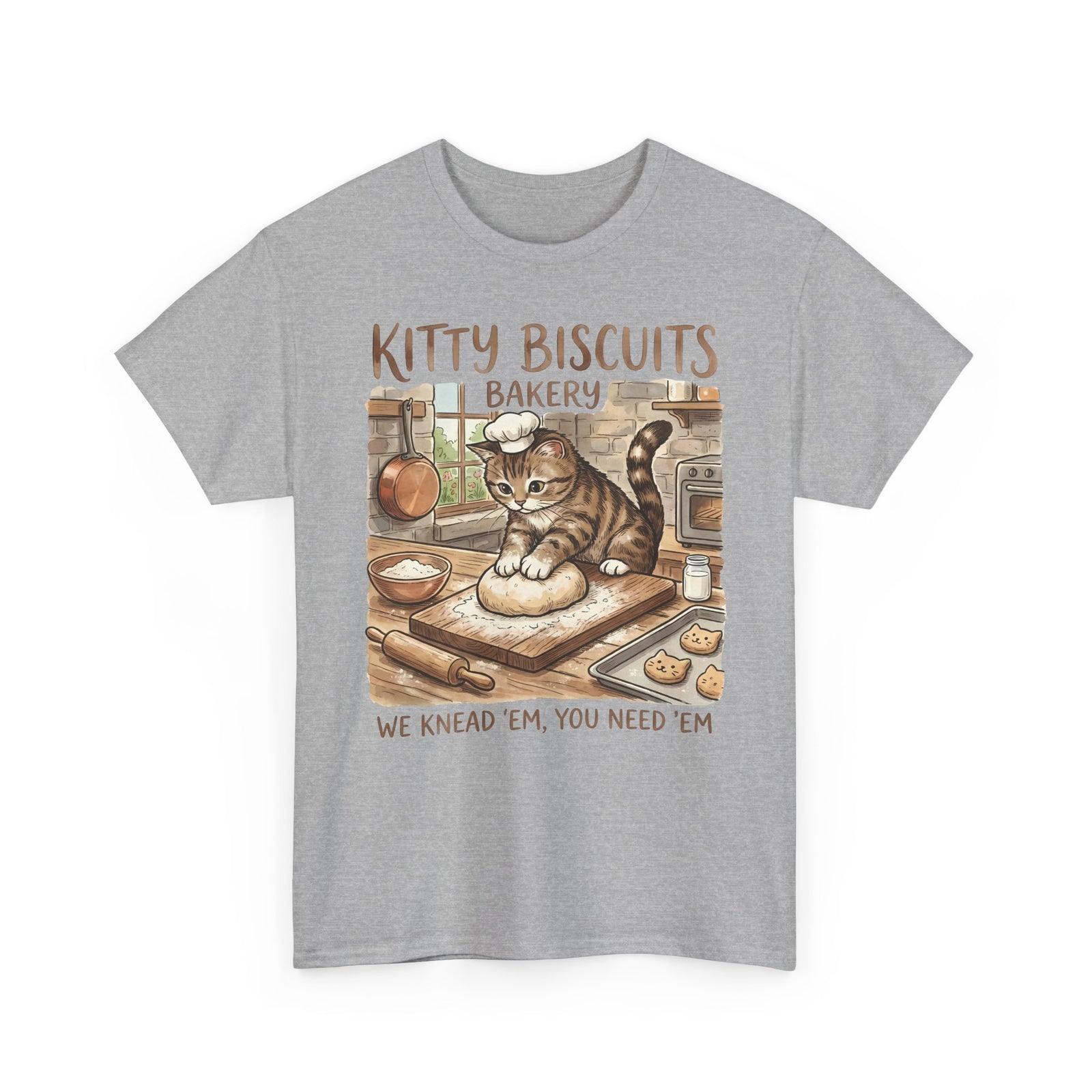 Kitty Biscuits Bakery T-Shirt — "We Knead 'Em We Need 'Em" Cat Bakery Tee