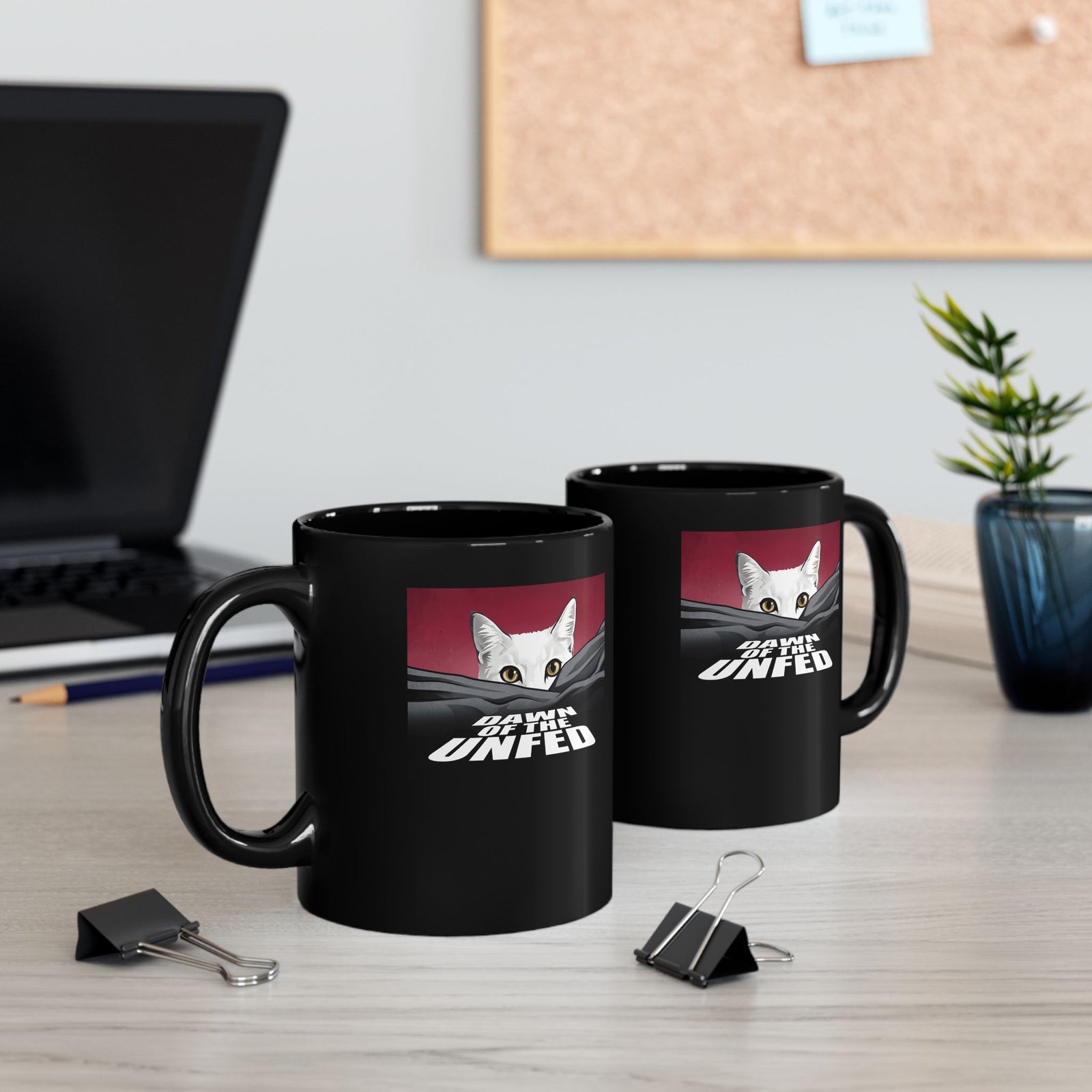 Dawn of the Unfed Black Mug — Funny White Cat Horror Movie Parody Mug
