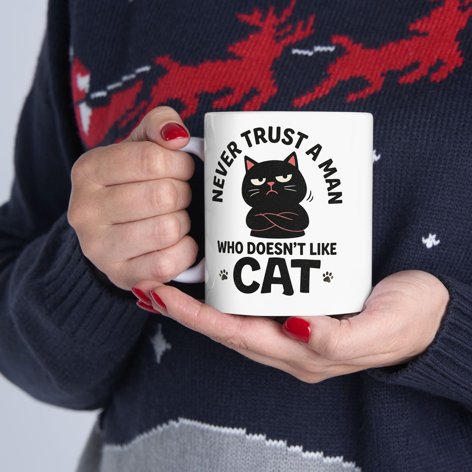 Cat Lover Ceramic Mug — "Never Trust A Man Who Doesn't Like Cats" Graphic Mug