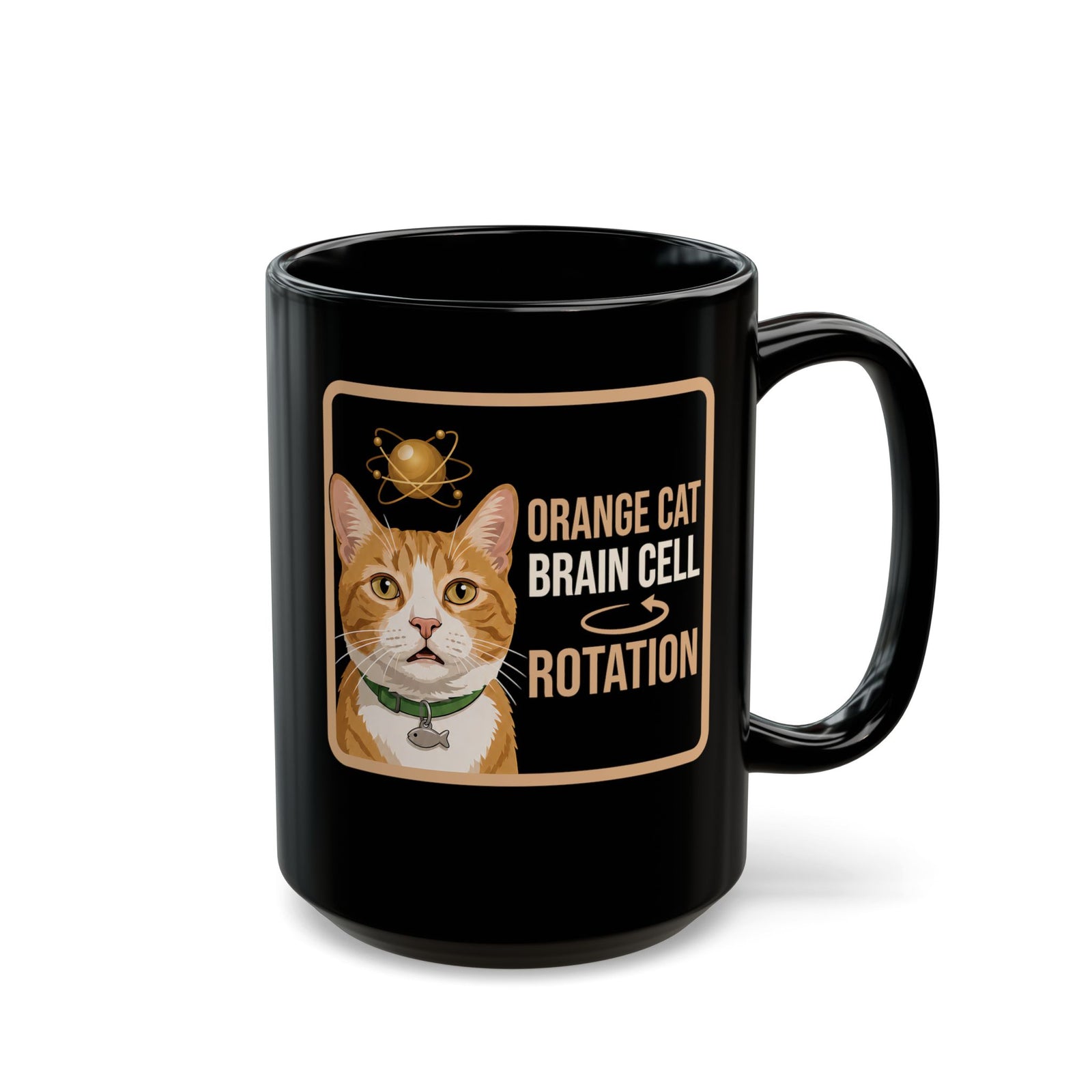Orange Cat Brain Cell Rotation Black Mug