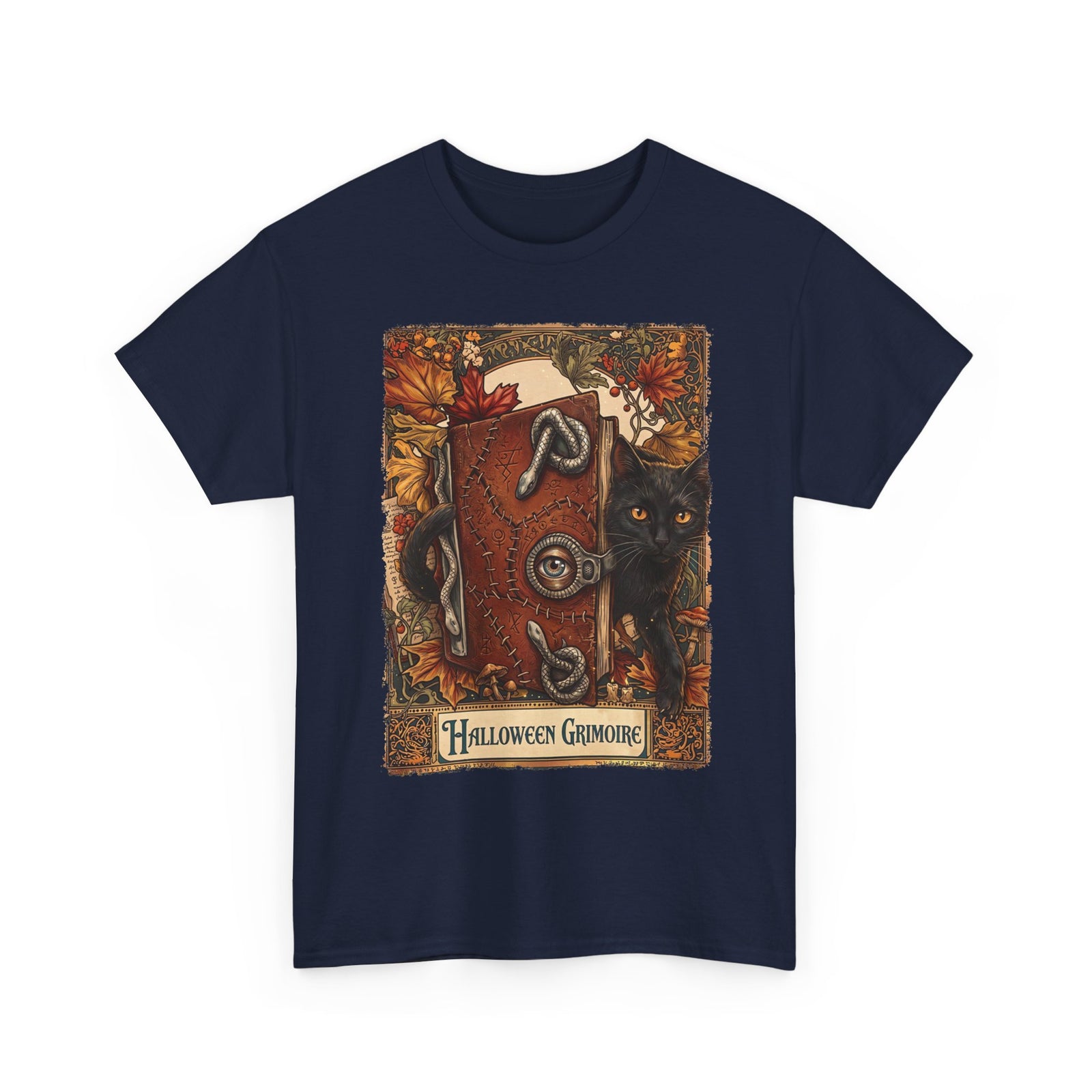 Halloween Grimoire Spellbook Black Cat T-Shirt — Witchy Autumn Magic Tee