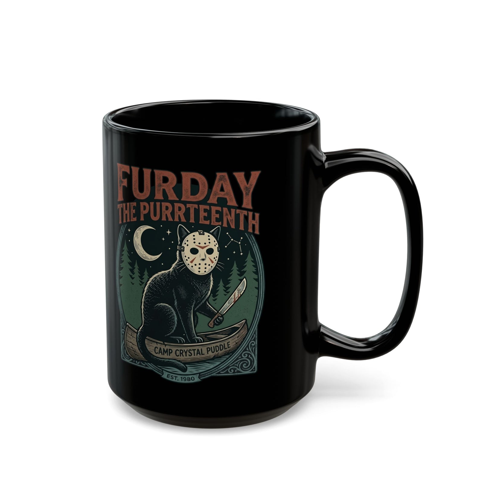 Horror Cat "Furday the Purrteenth" Black Mug