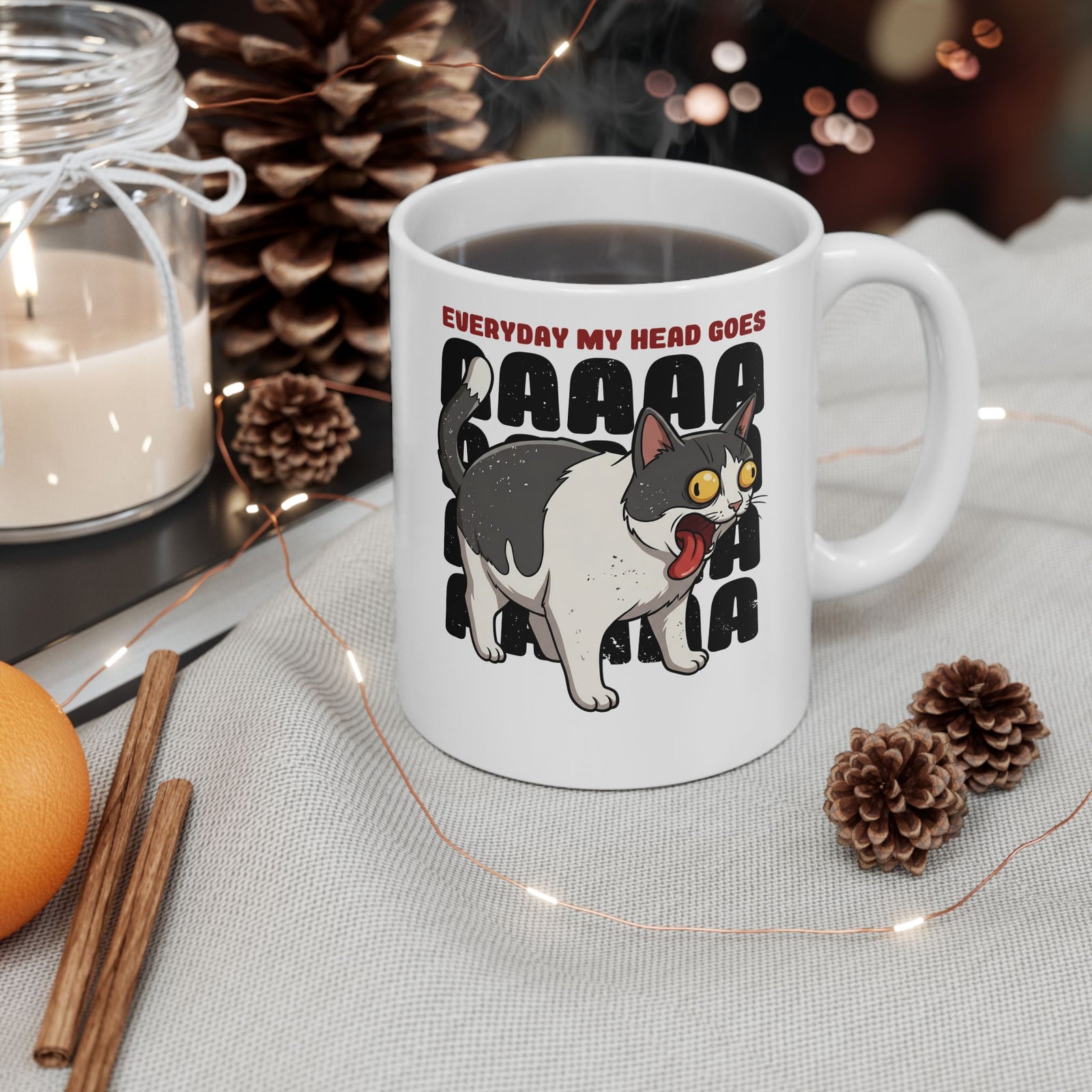 Everyday My Head Goes AAAAA Ceramic Mug — Funny Screaming Tuxedo Cat Mug