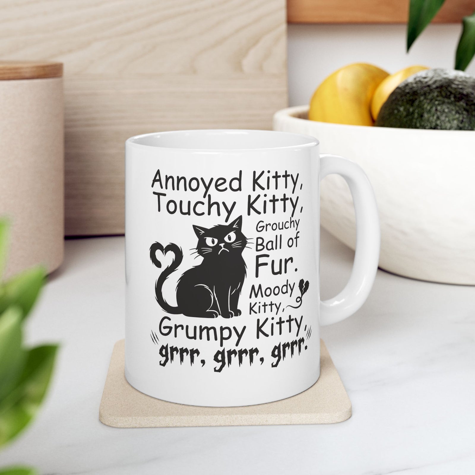 Grouchy Ball of Fur Ceramic Mug — Annoyed Kitty, Touchy Kitty Graphic Mug