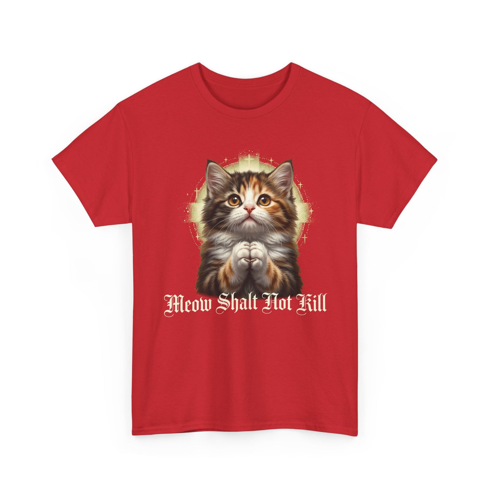 Praying Kitten T‑Shirt — "Meow Shalt Not Kill" Cute Vintage Cat Tee