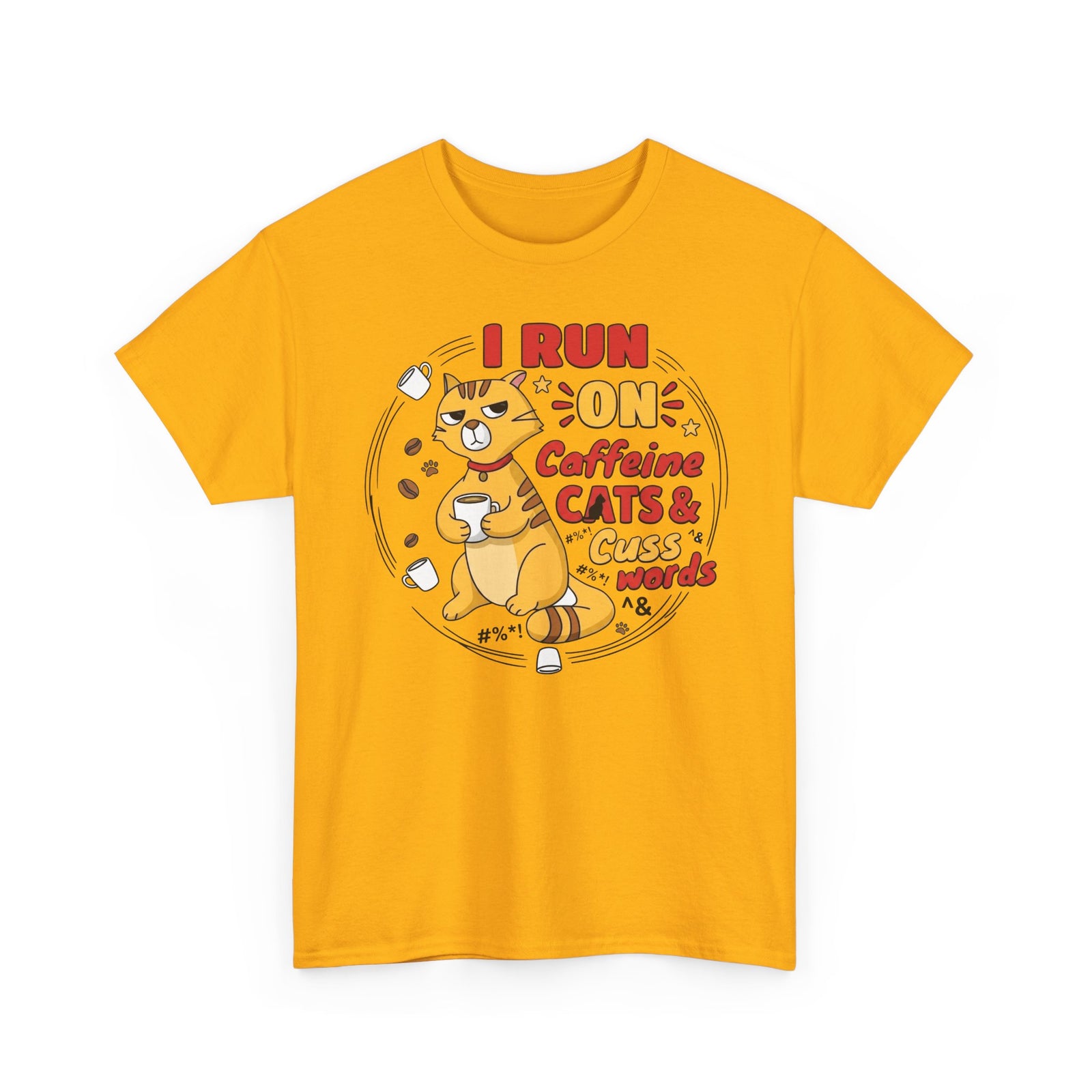 Caffeine, Cats & Cuss Words Tee Funny Cat Lover Coffee Shirt