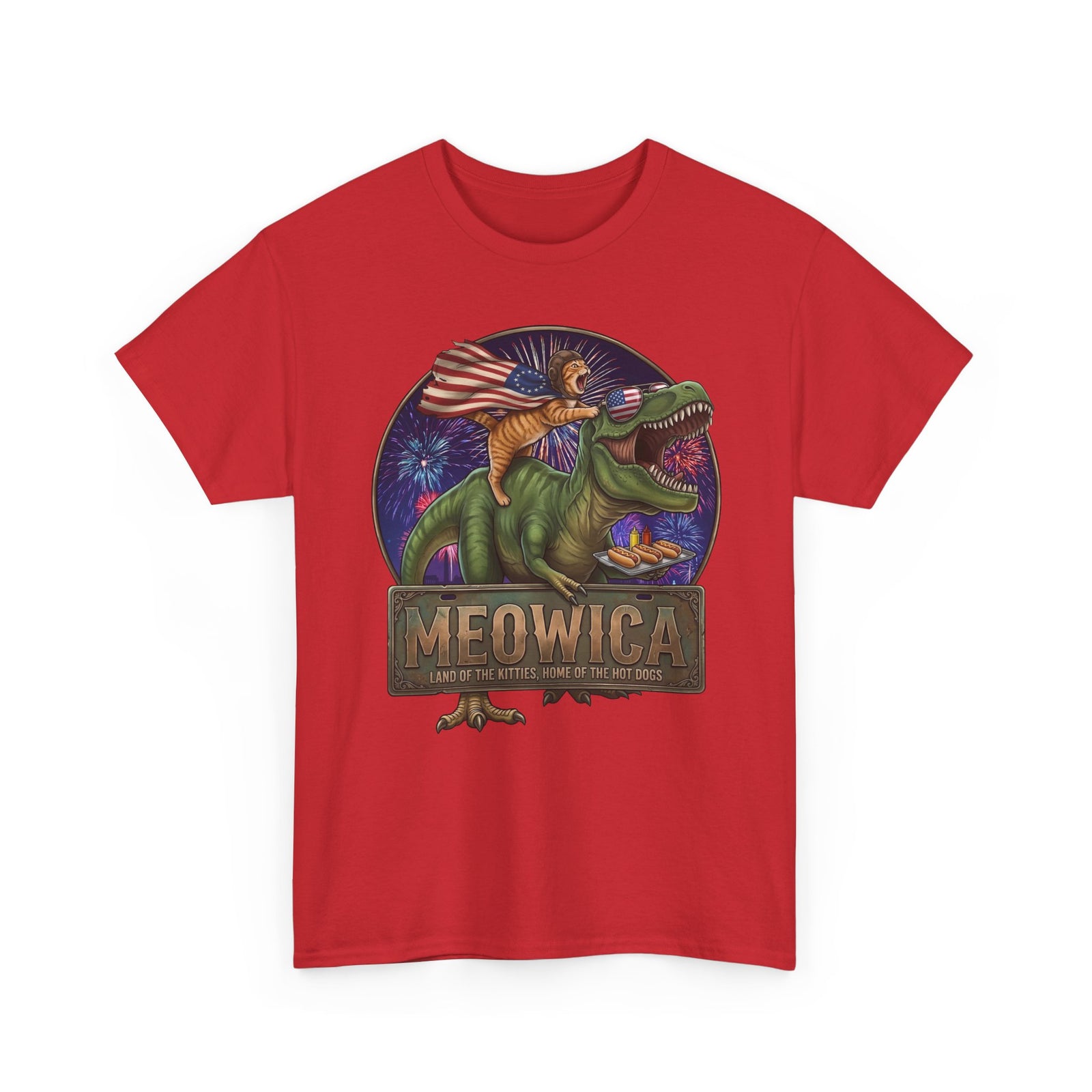 4th of July Cat Riding T‑Rex T‑Shirt "Meowica: Land of the Kitties" Patriotic Graphic