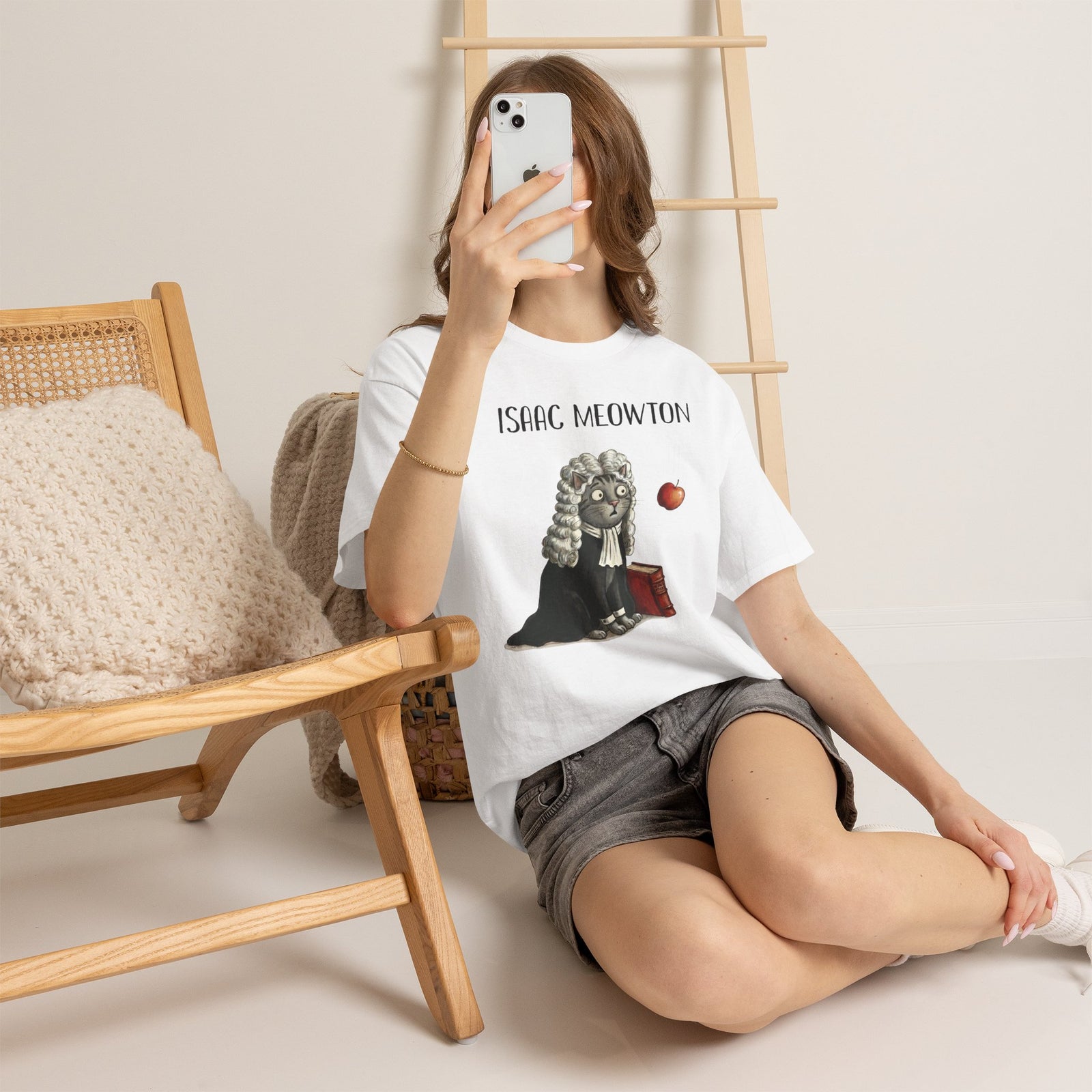 Isaac Meowton T-Shirt — Funny Science Pun Cat Gravity Graphic Tee