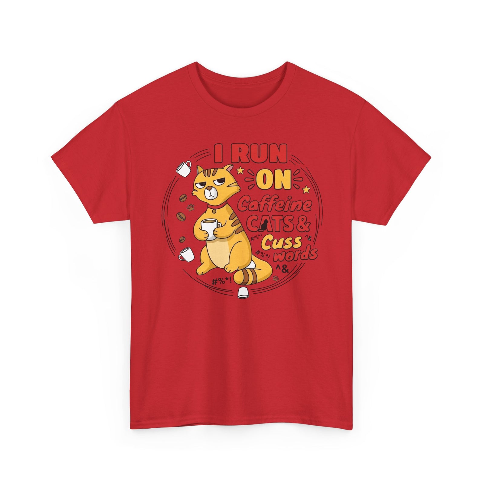 Caffeine, Cats & Cuss Words Tee Funny Cat Lover Coffee Shirt