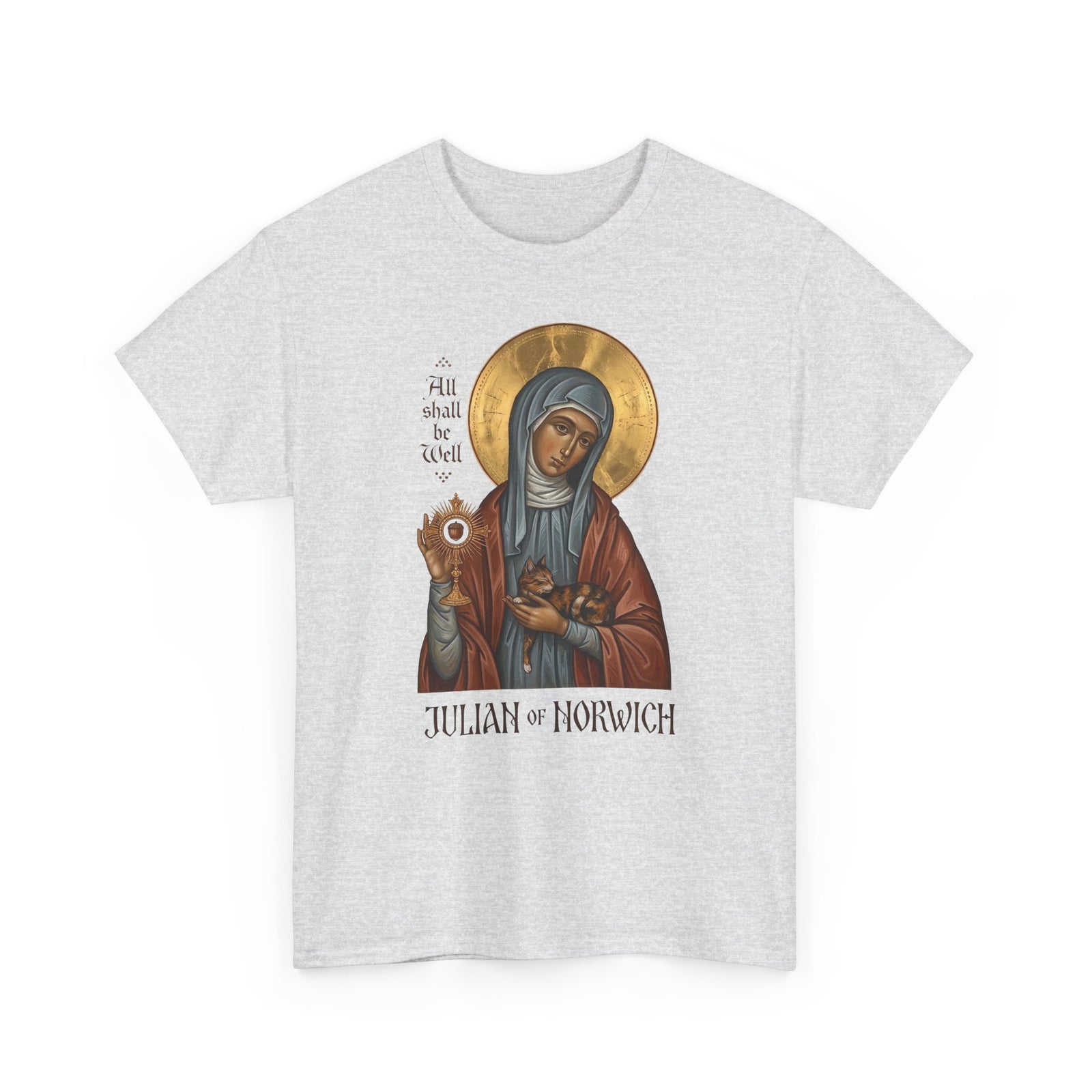Julian of Norwich & Cat T-Shirt — Spiritual Saint Tee for Cat Lovers