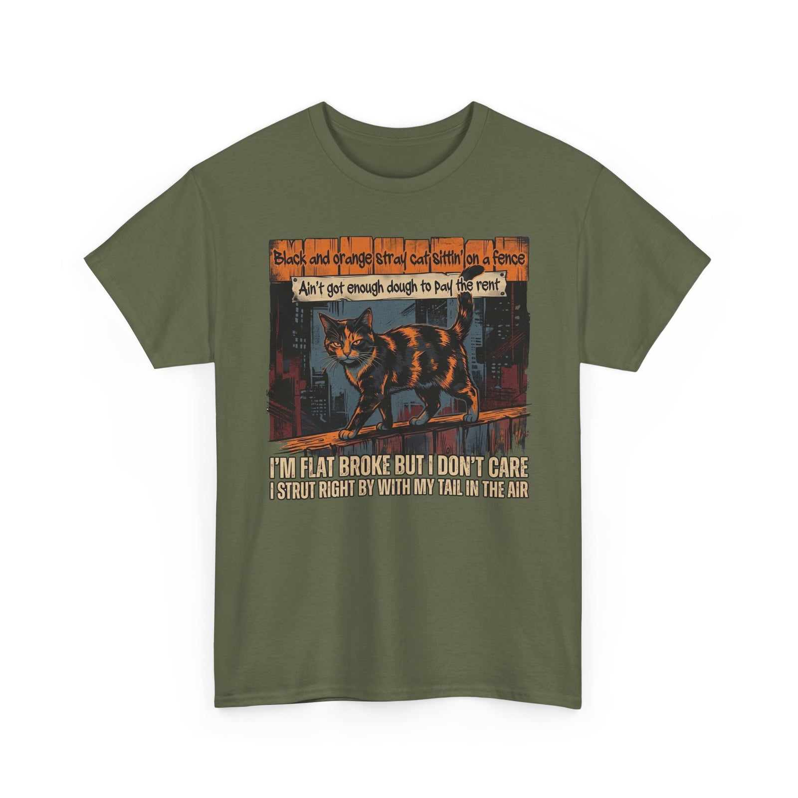 Funny Broke Cat T-Shirt - "I'm Flat Broke But I Don't Care" Graphic Tee