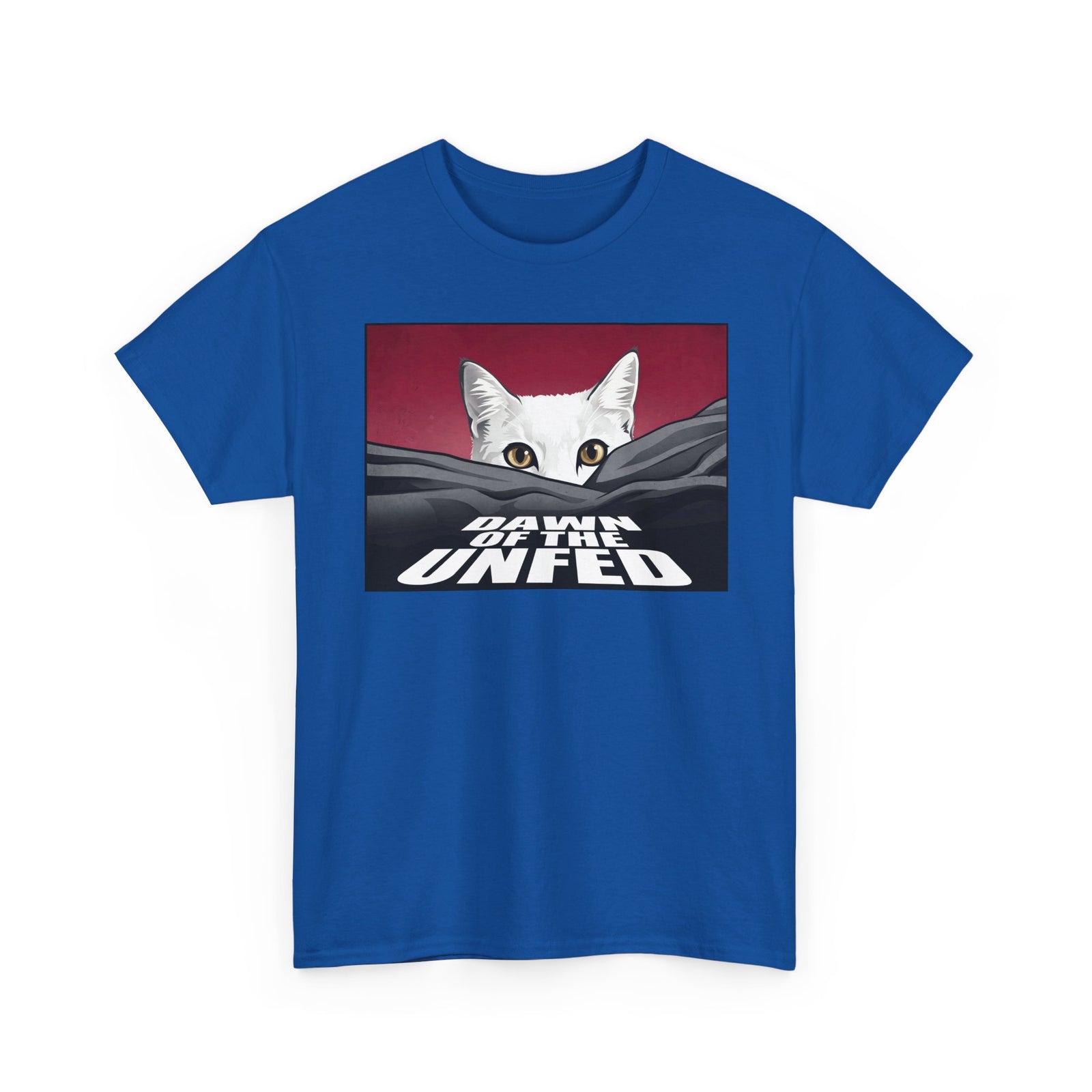 Dawn of the Unfed T-Shirt — Funny White Cat Horror Movie Parody Tee