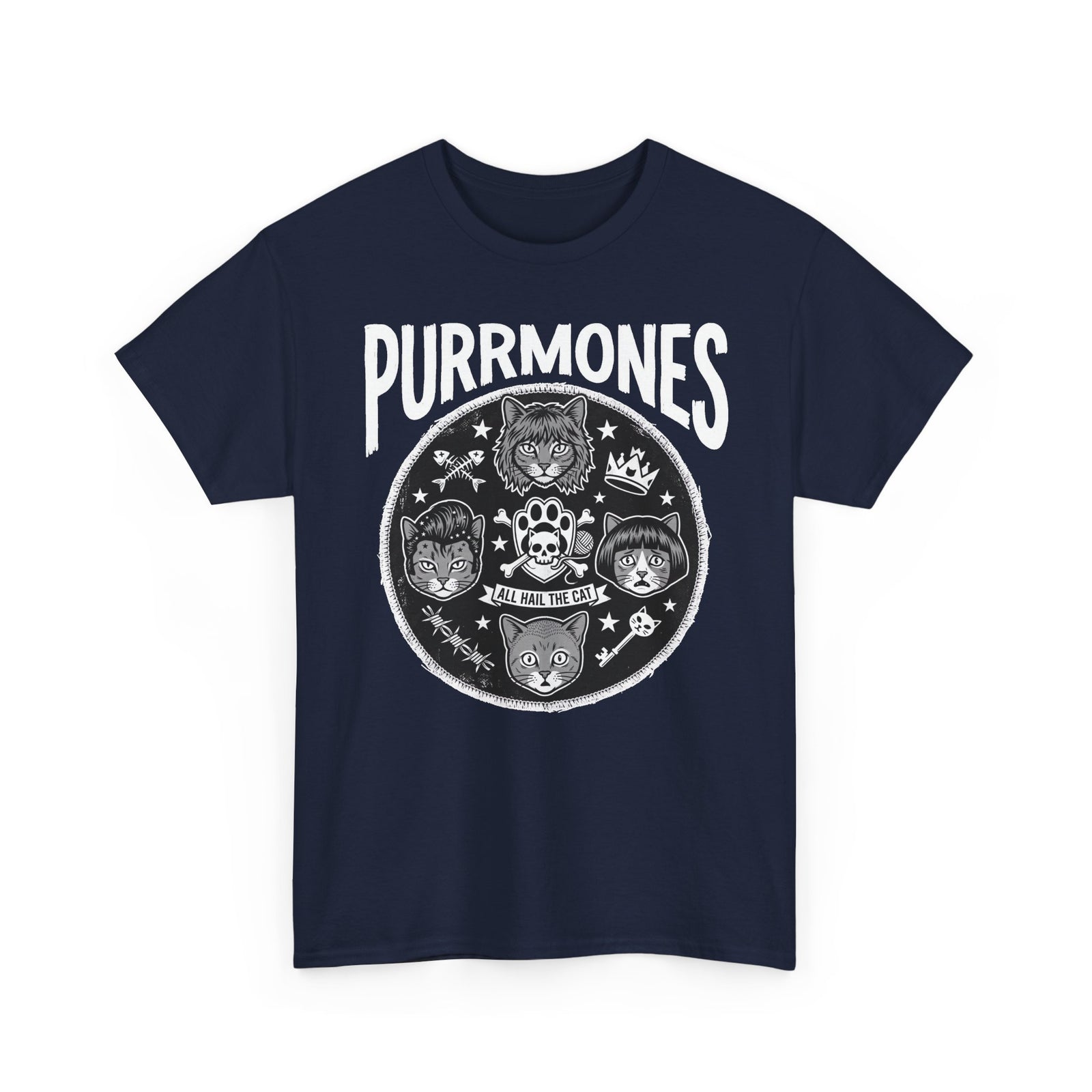 Purrmones Band Tee — Vintage Rock Cat Skull Graphic T-Shirt