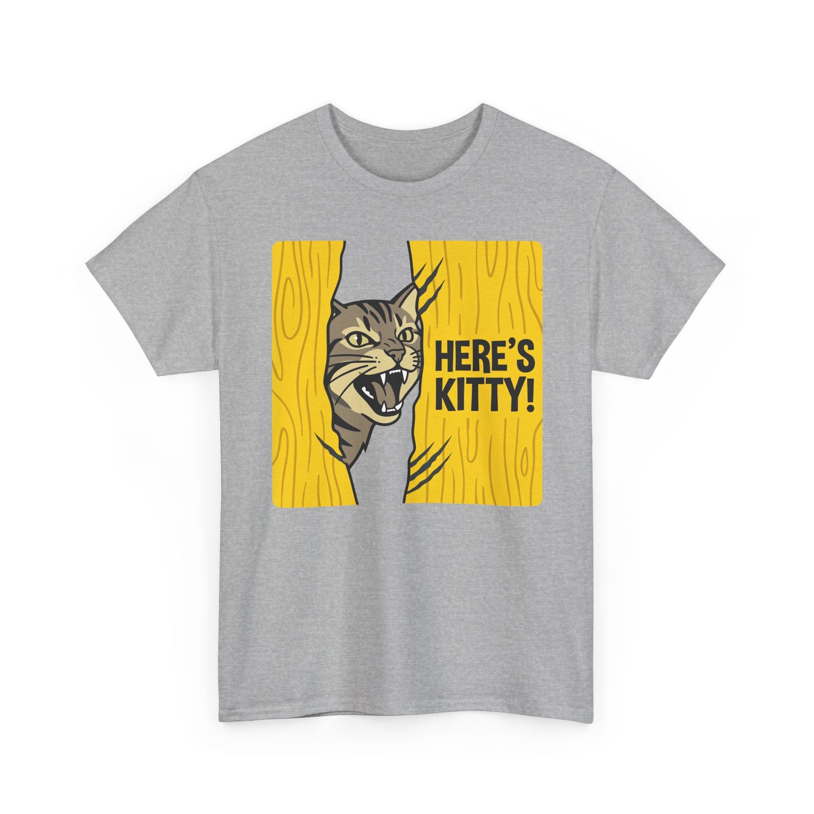 Funny Cat Parody T-Shirt — "Here's Kitty" Graphic Tee
