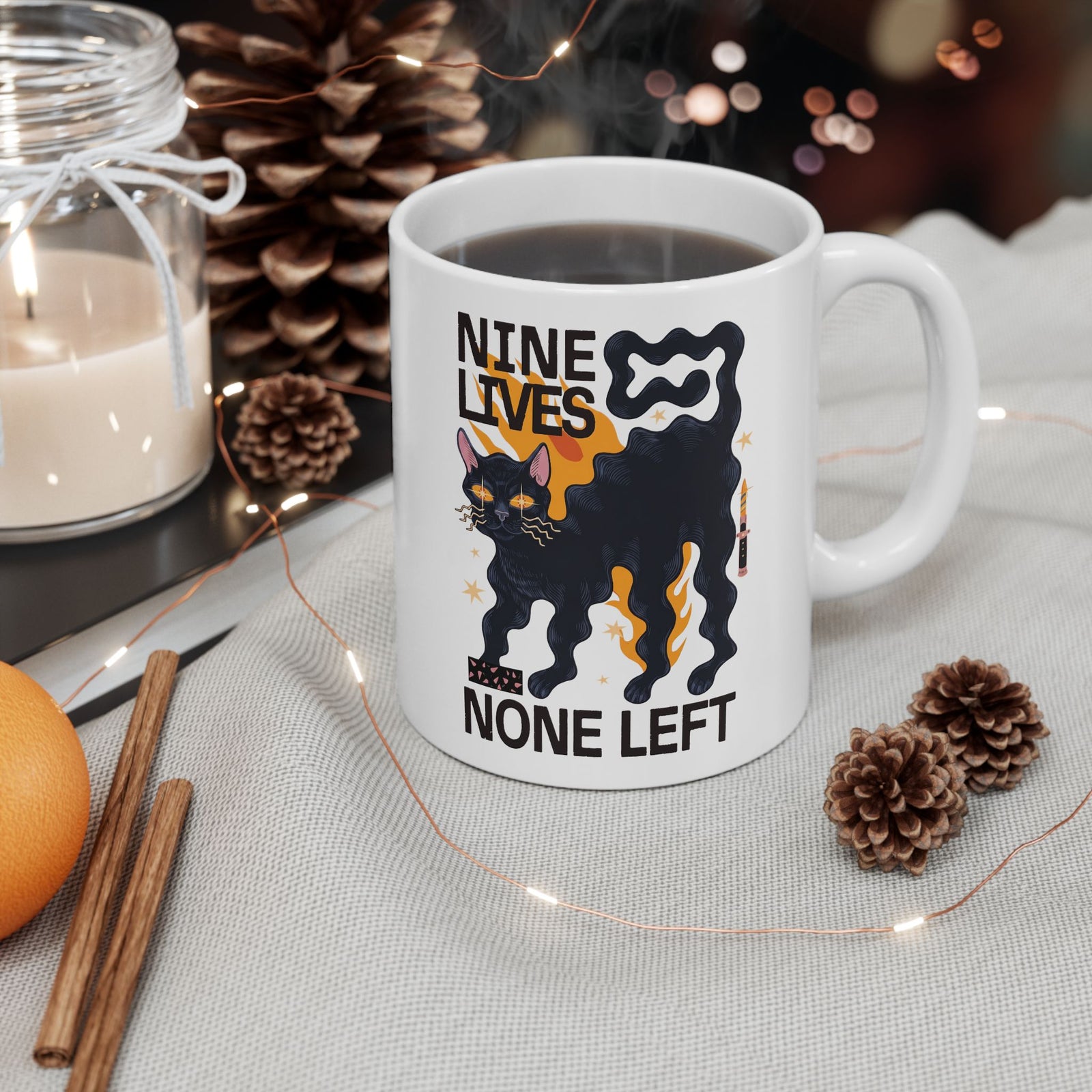 Nine Lives None Left Ceramic Mug — Edgy Spooky Black Cat Graphic Mug